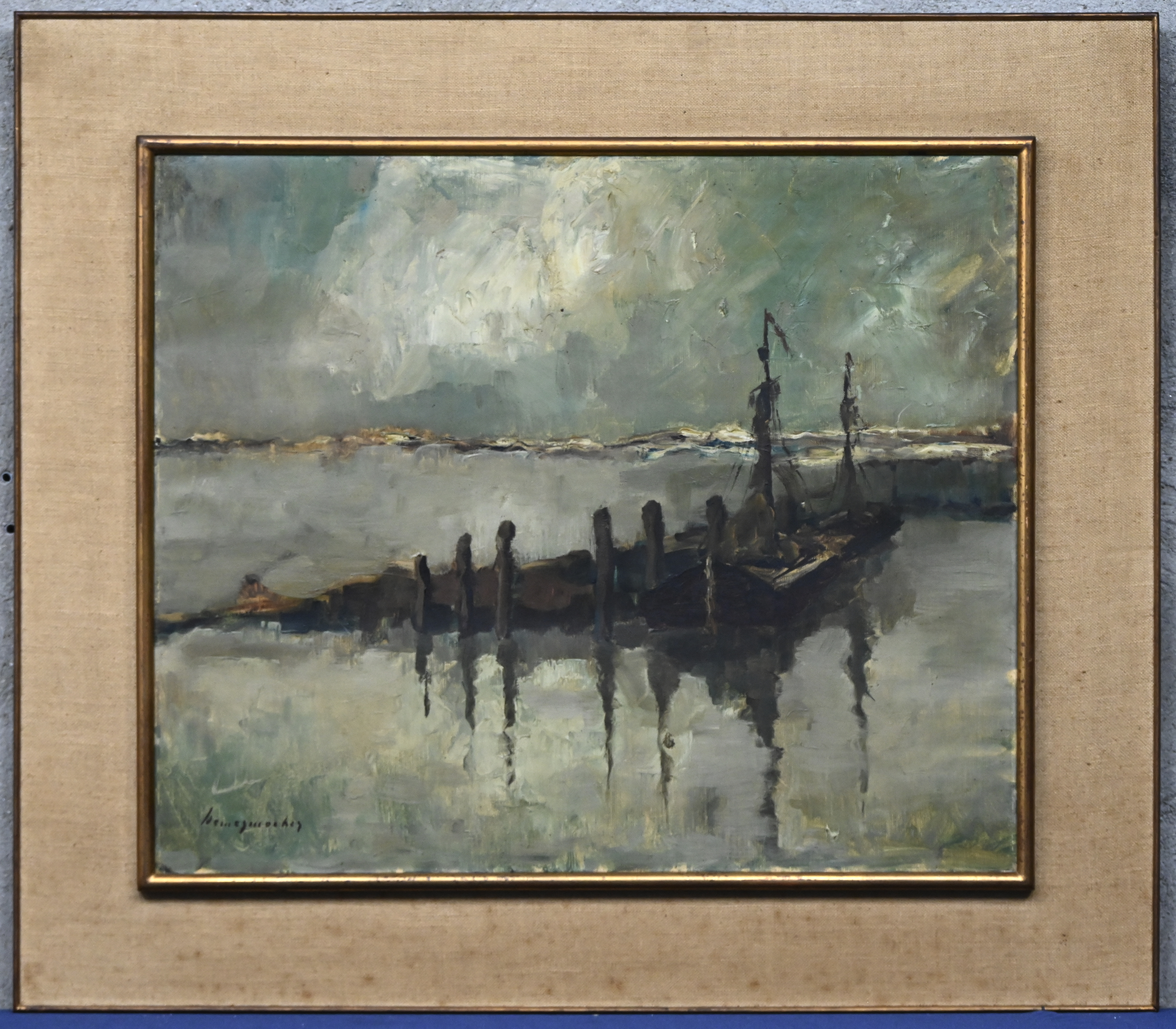 ‘Aangemeerde zeilsloepen’, olieverf op doek. Onleesbaar getekend ‘Aangemeerde zeilsloepen’, olieverf op doek. Onleesbaar getekend.