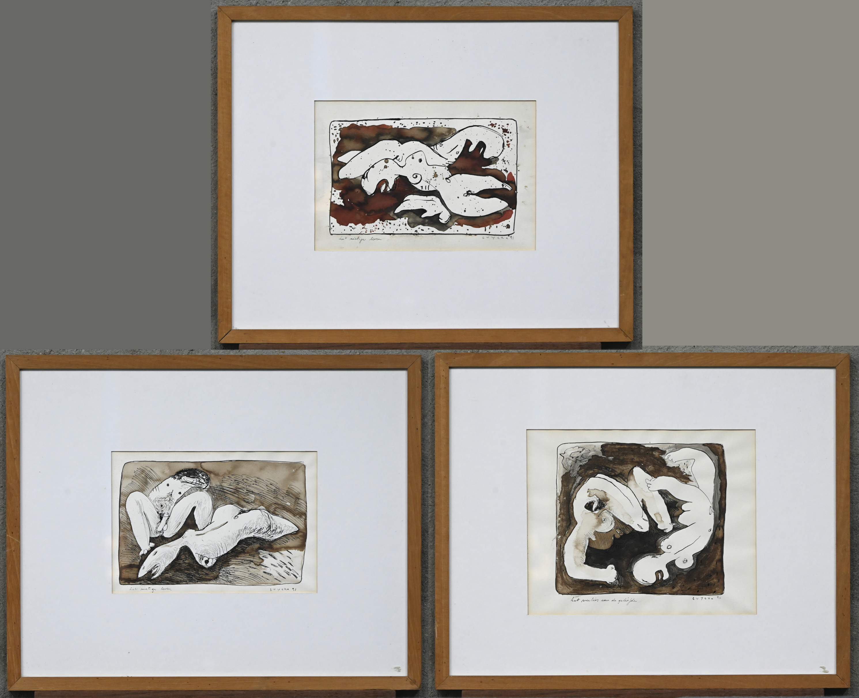‘Het nietige leven’ (2X) & ‘Het verlies van de geliefde’, drie tekeningen in gewassen inkt en sepia. Getekend Luyckx ‘Het nietige leven’ (2X) & ‘Het verlies van de geliefde’, drie tekeningen in gewassen inkt en sepia. Getekend Luyckx.