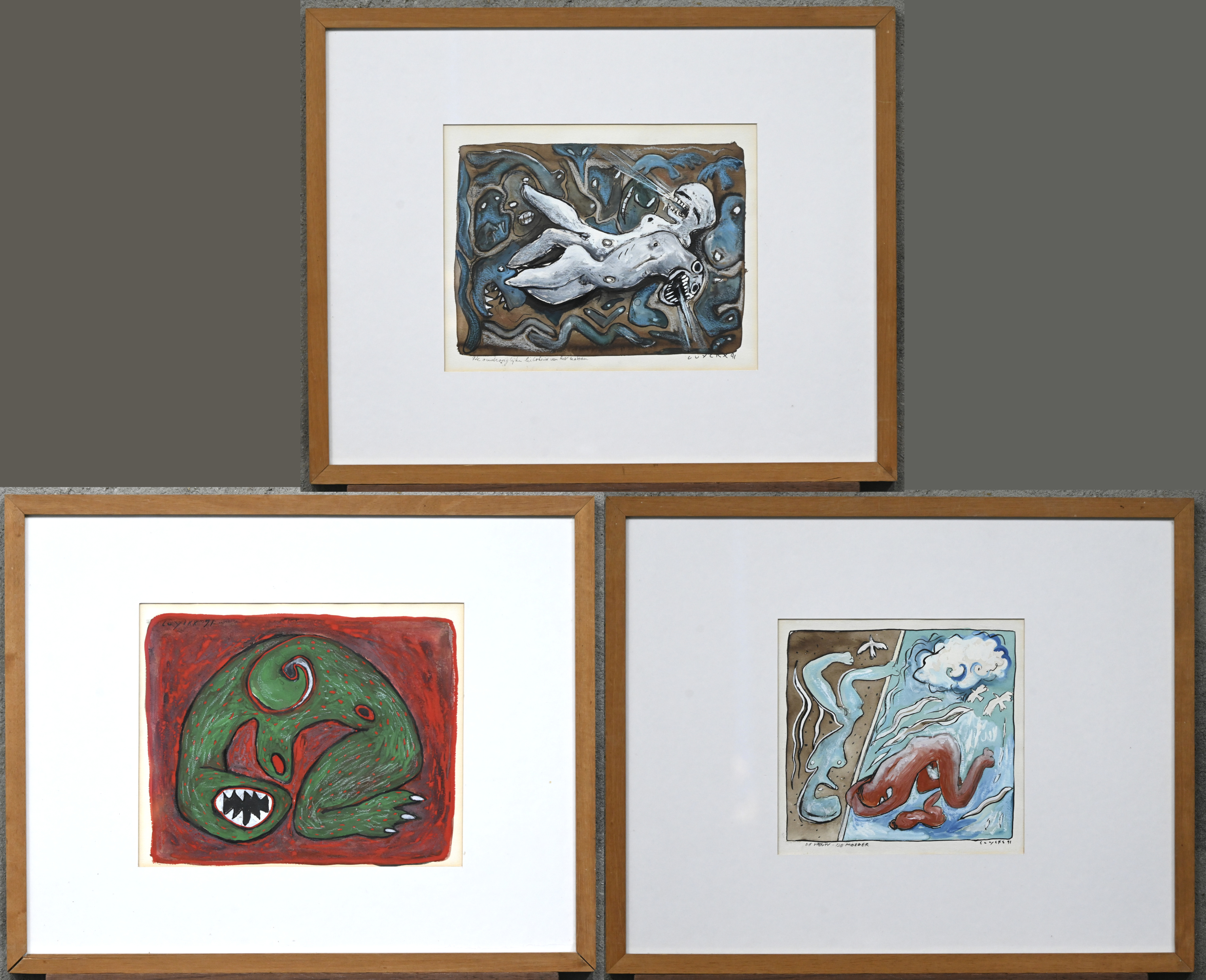 ‘De ondraaglijke lichtheid van het bestaan’, ‘De vrouw, de moeder’ & ‘Zonder titel’. Drie tekeningen, gemengde techniek. Getekend Luyckx ‘91 ‘De ondraaglijke lichtheid van het bestaan’, ‘De vrouw, de moeder’ & ‘Zonder titel’. Drie tekeningen, gemengde techniek. Getekend Luyckx ‘91.