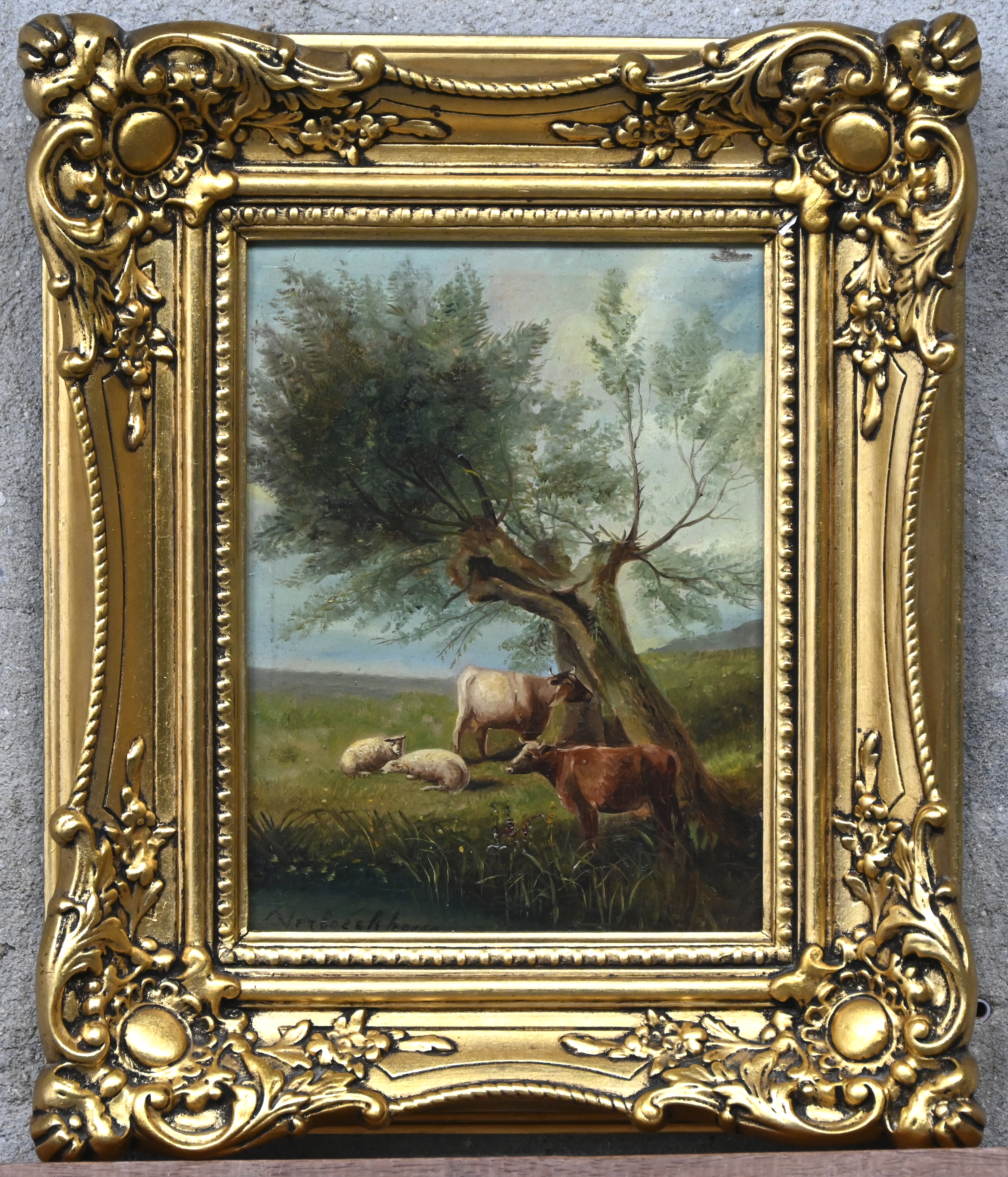 ‘Lamdschap met runderen en schapen’, olieverf op paneel. Getekend ‘Verboeckhoven’. Met op de rug een niet geverifieerde toewijzing aan Eugene Verboeckhoven ‘Lamdschap met runderen en schapen’, olieverf op paneel. Getekend ‘Verboeckhoven’. Met op de rug een niet geverifieerde toewijzing aan Eugene Verboeckhoven.