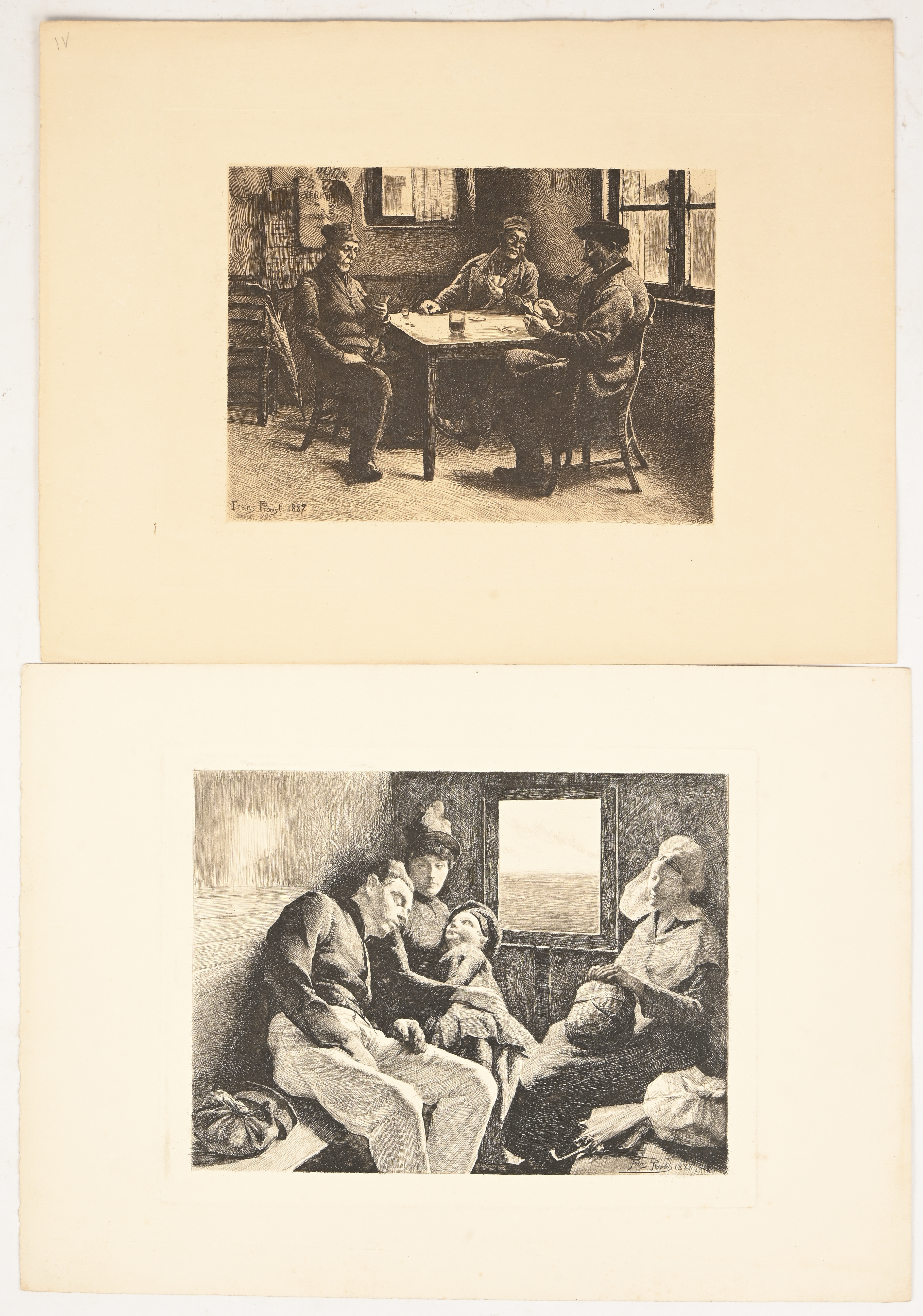 ‘De kaarters’ en ‘Gezin in treinwagon’, een paar monochrome etsen. Getekend in de plaat, Frans Proost ‘De kaarters’ en ‘Gezin in treinwagon’, een paar monochrome etsen. Getekend in de plaat, Frans Proost.