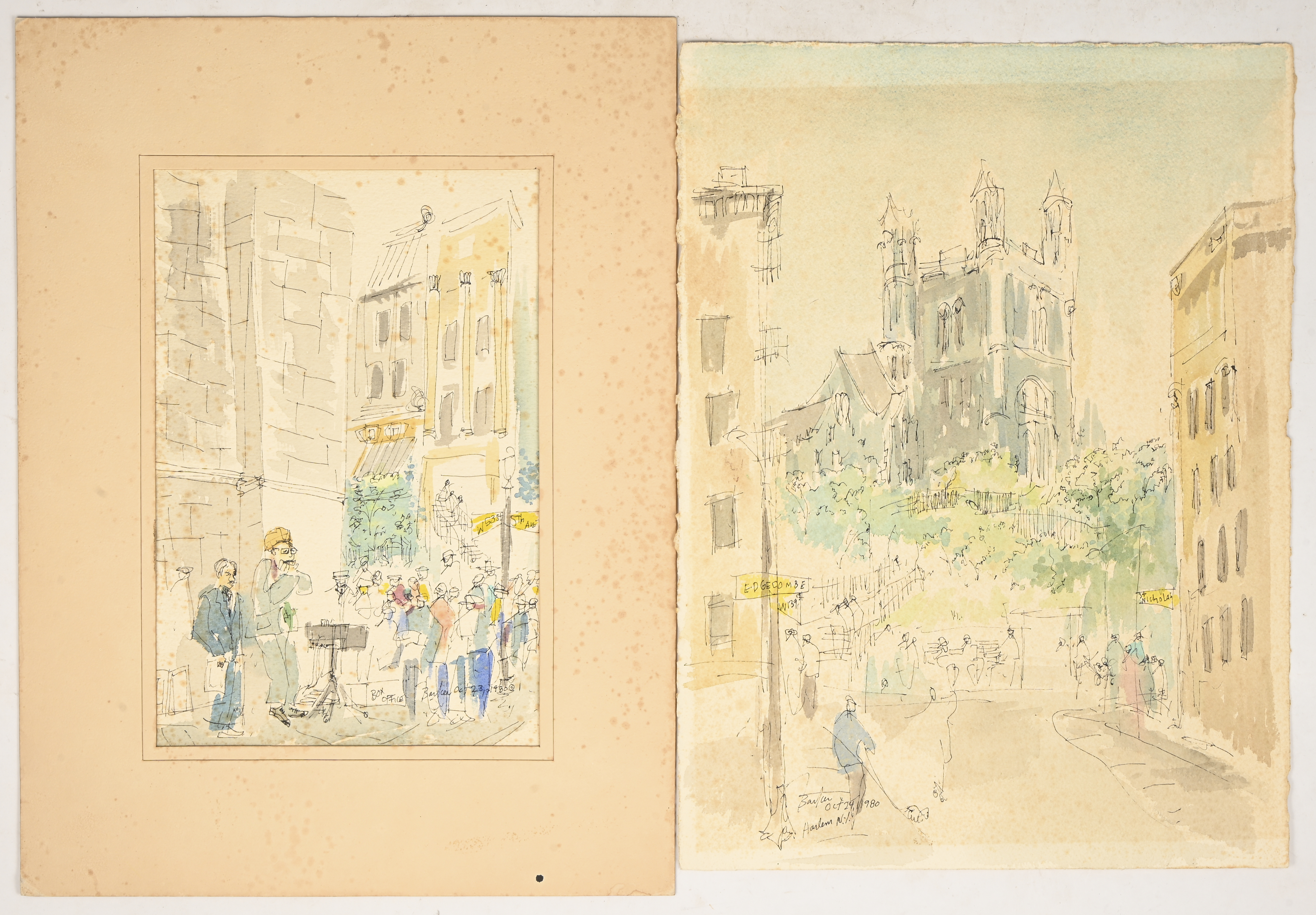 ‘Harlem’ & ‘Box office’, twee aquarellen getekend Joe Barker, 1980. Met roestschade aan het papier ‘Harlem’ & ‘Box office’, twee aquarellen getekend Joe Barker, 1980. Met roestschade aan het papier.