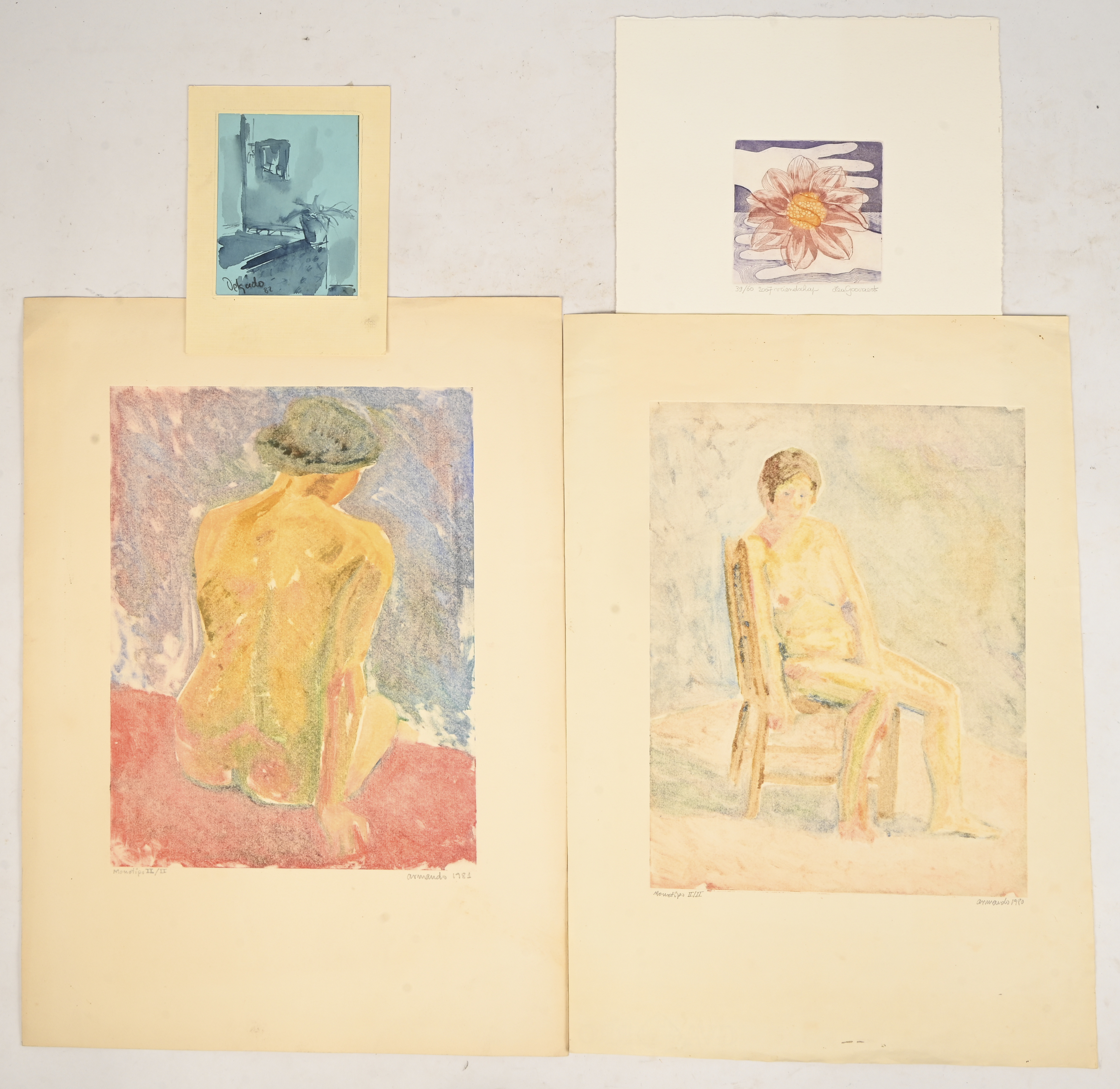 ‘Vrouwelijk naakt, twee monoprints. Getekend Armando, 1980 & 1981. Toegevoegd een kleurenets, getekend Lea Goovaert en een tekening in gewassen inkt, getekend Delgado ‘Vrouwelijk naakt, twee monoprints. Getekend Armando, 1980 & 1981. Toegevoegd een kleurenets, getekend Lea Goovaert en een tekening in gewassen inkt, getekend Delgado.