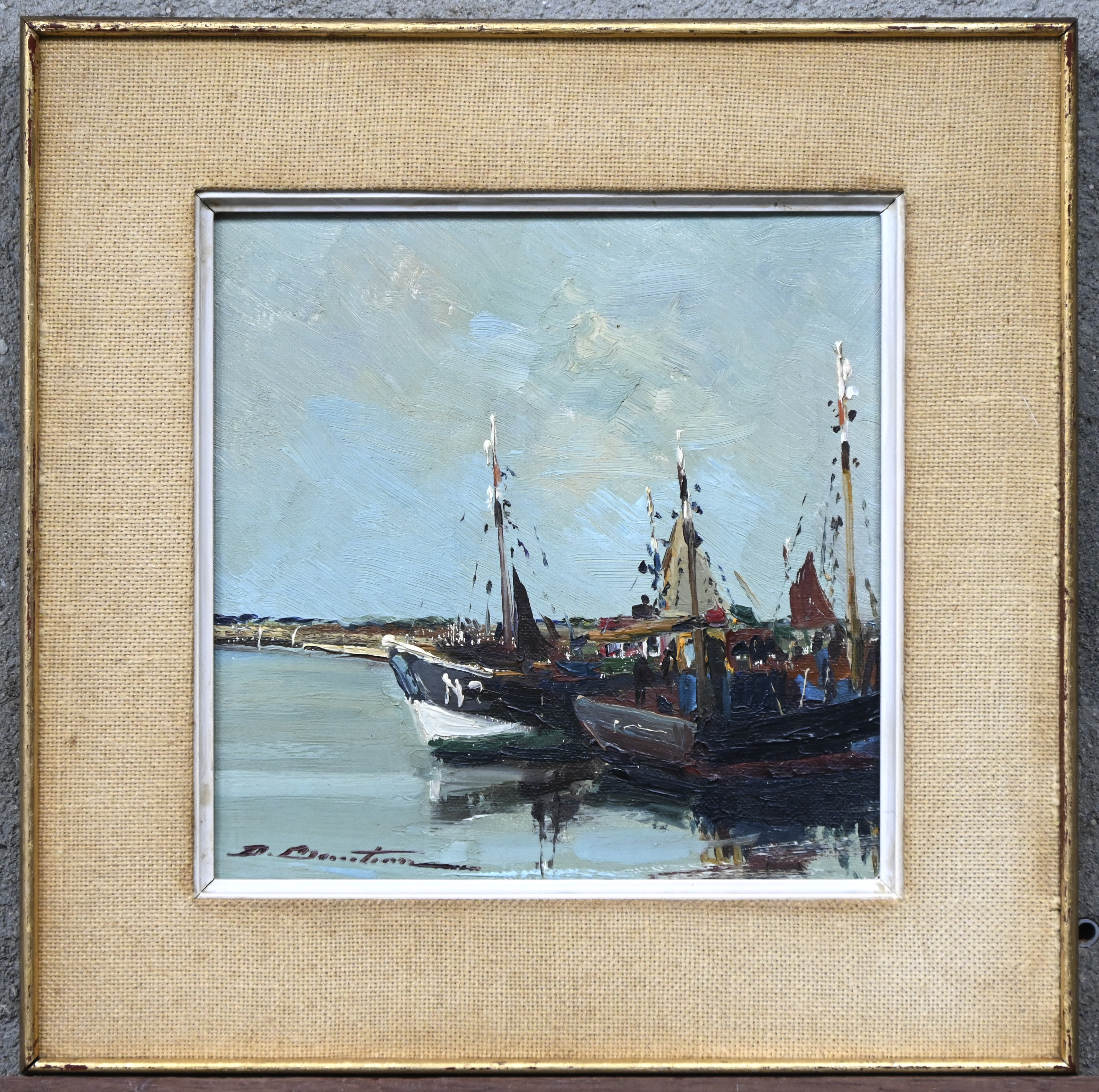 ‘Vissersboten in de haven’, olieverf op doek. Onleesbaar getekend ‘Vissersboten in de haven’, olieverf op doek. Onleesbaar getekend.