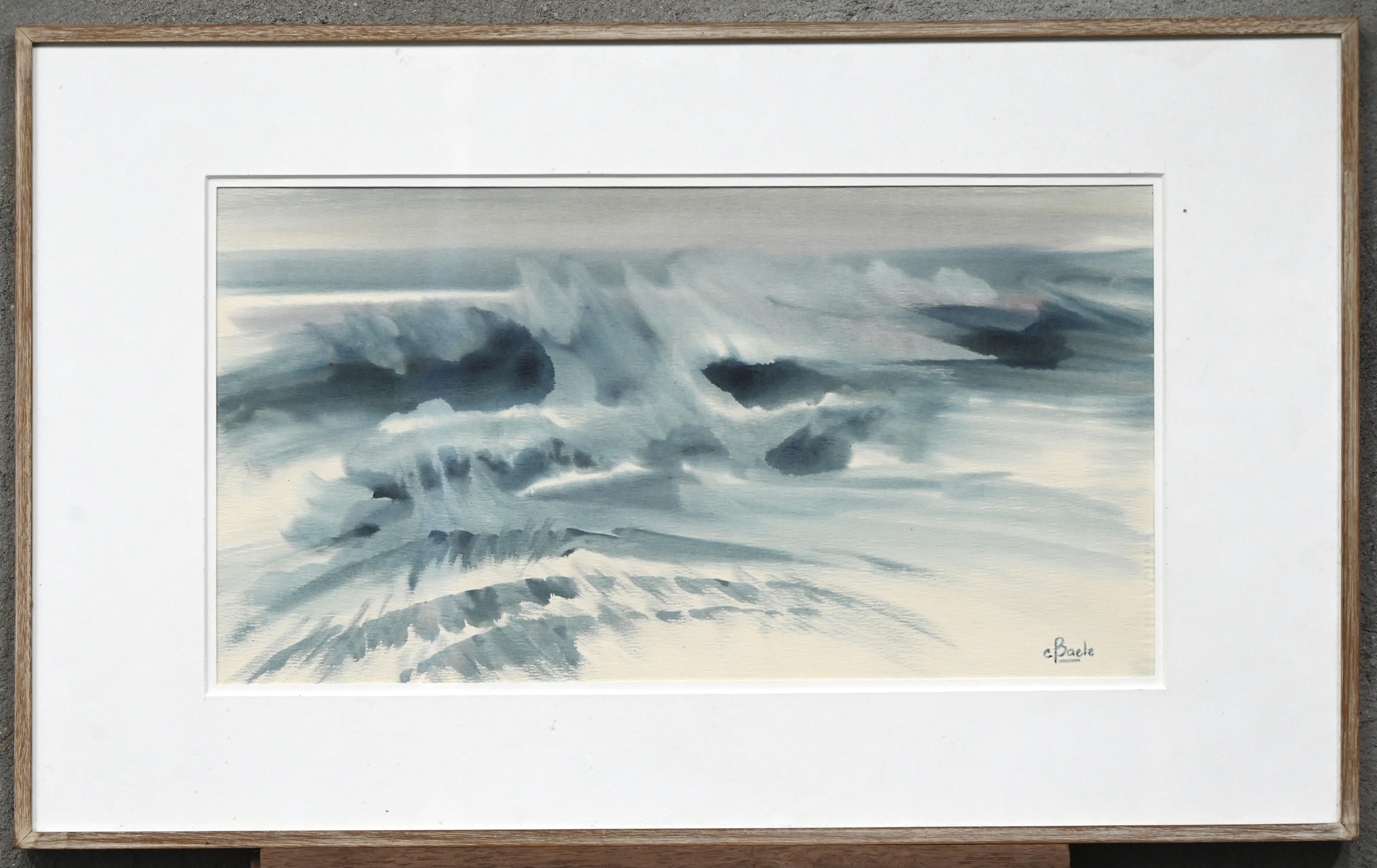 ‘Ruige golven’, een aquarel. Getekend C. Baele ‘Ruige golven’, een aquarel. Getekend C. Baele.