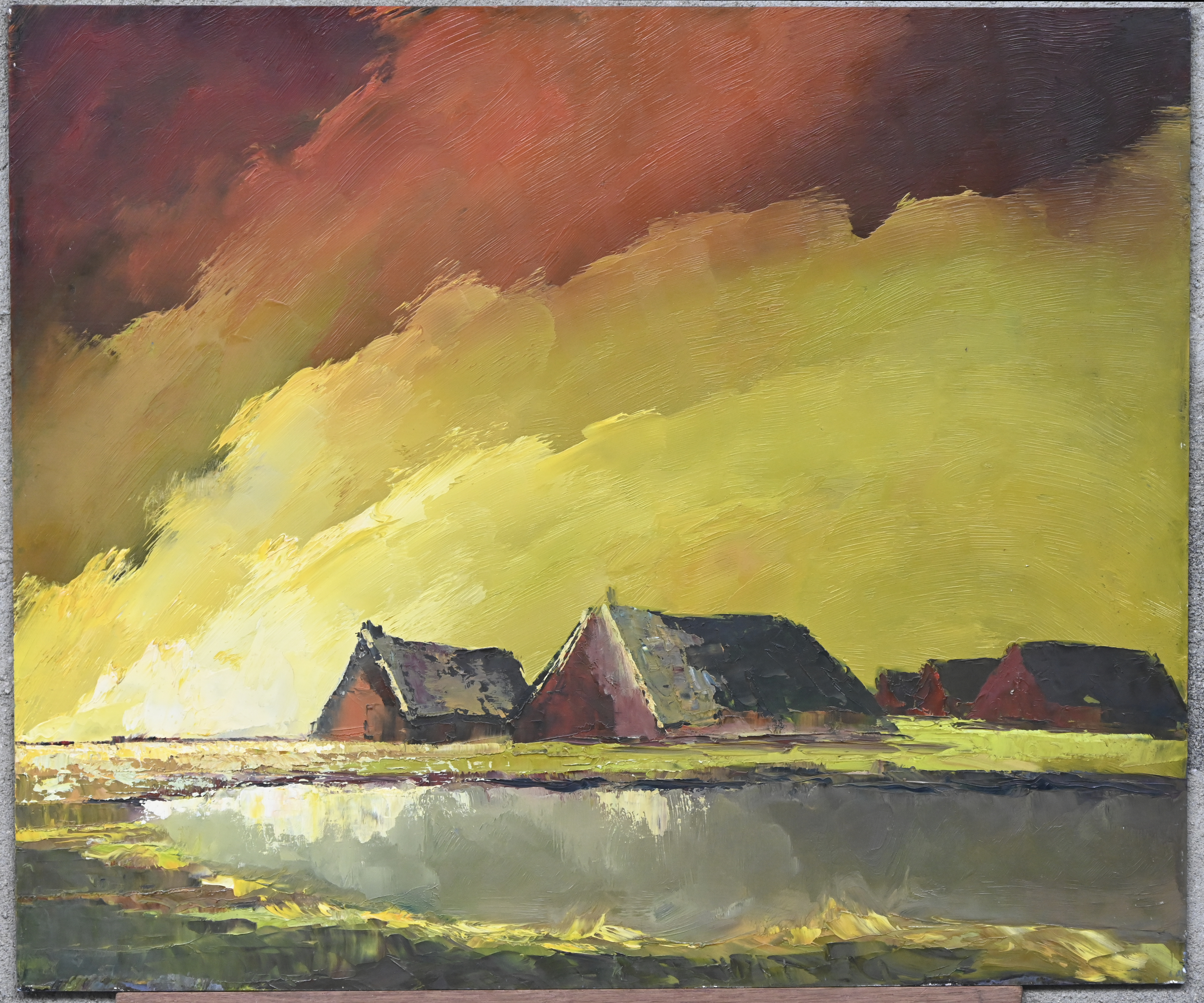 “Hoevezicht bij avondrood”, een schilderij, olieverf op paneel, niet gesigneerd “Hoevezicht bij avondrood”, een schilderij, olieverf op paneel, niet gesigneerd.