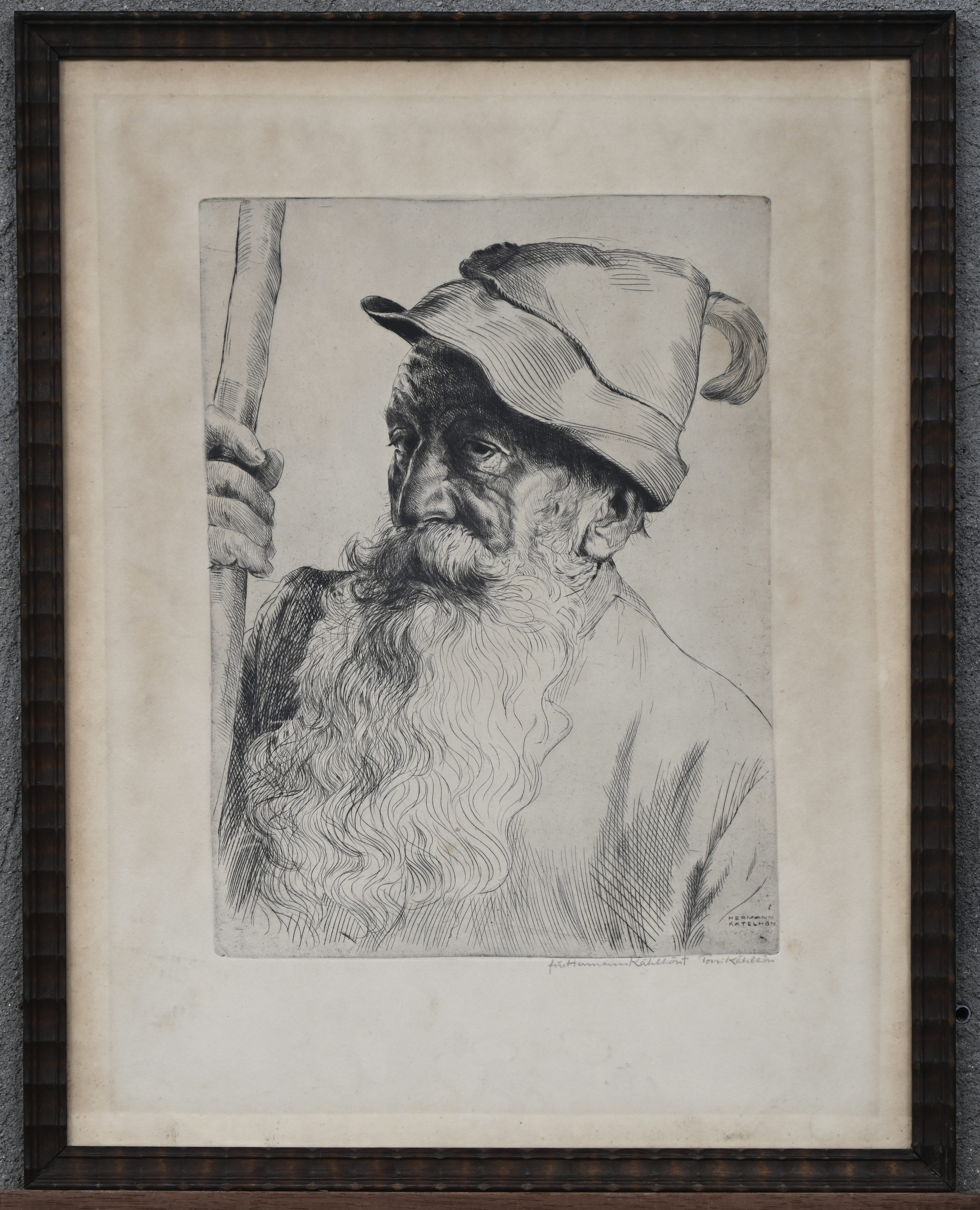 “Oude man met hoed.” Gravure naar August Grassl, buiten de plaat gesigneerd - Für Hermann Kätelhön, Tom Kätelhön “Oude man met hoed.” Gravure naar August Grassl, buiten de plaat gesigneerd - Für Hermann Kätelhön, Tom Kätelhön.