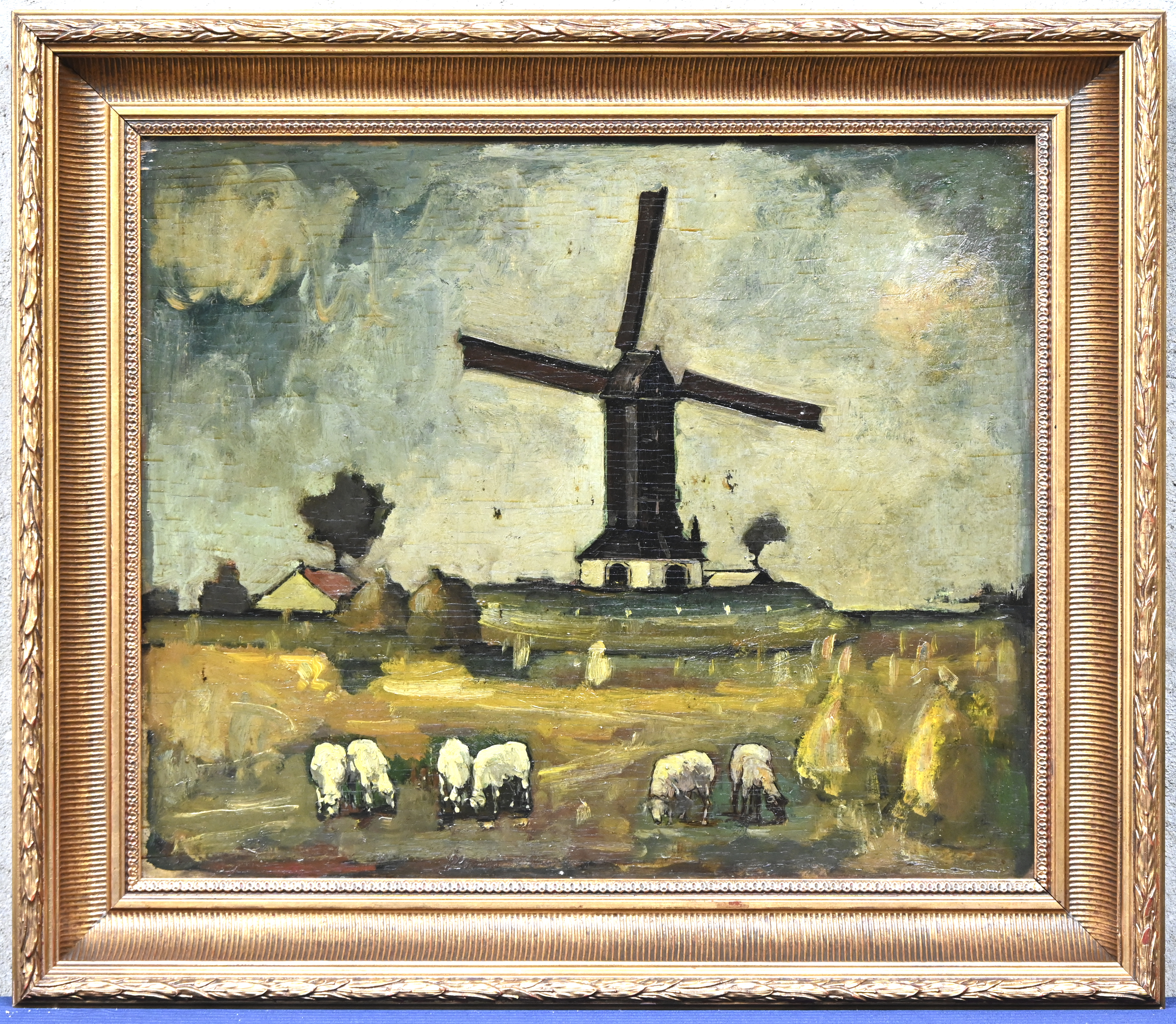 “Landschap met schapen, hooischoven en windmolen”, een schilderij, olieverf op paneel in vergulde kader, achteraan gesigneerd “Landschap met schapen, hooischoven en windmolen”, een schilderij, olieverf op paneel in vergulde kader, achteraan gesigneerd.