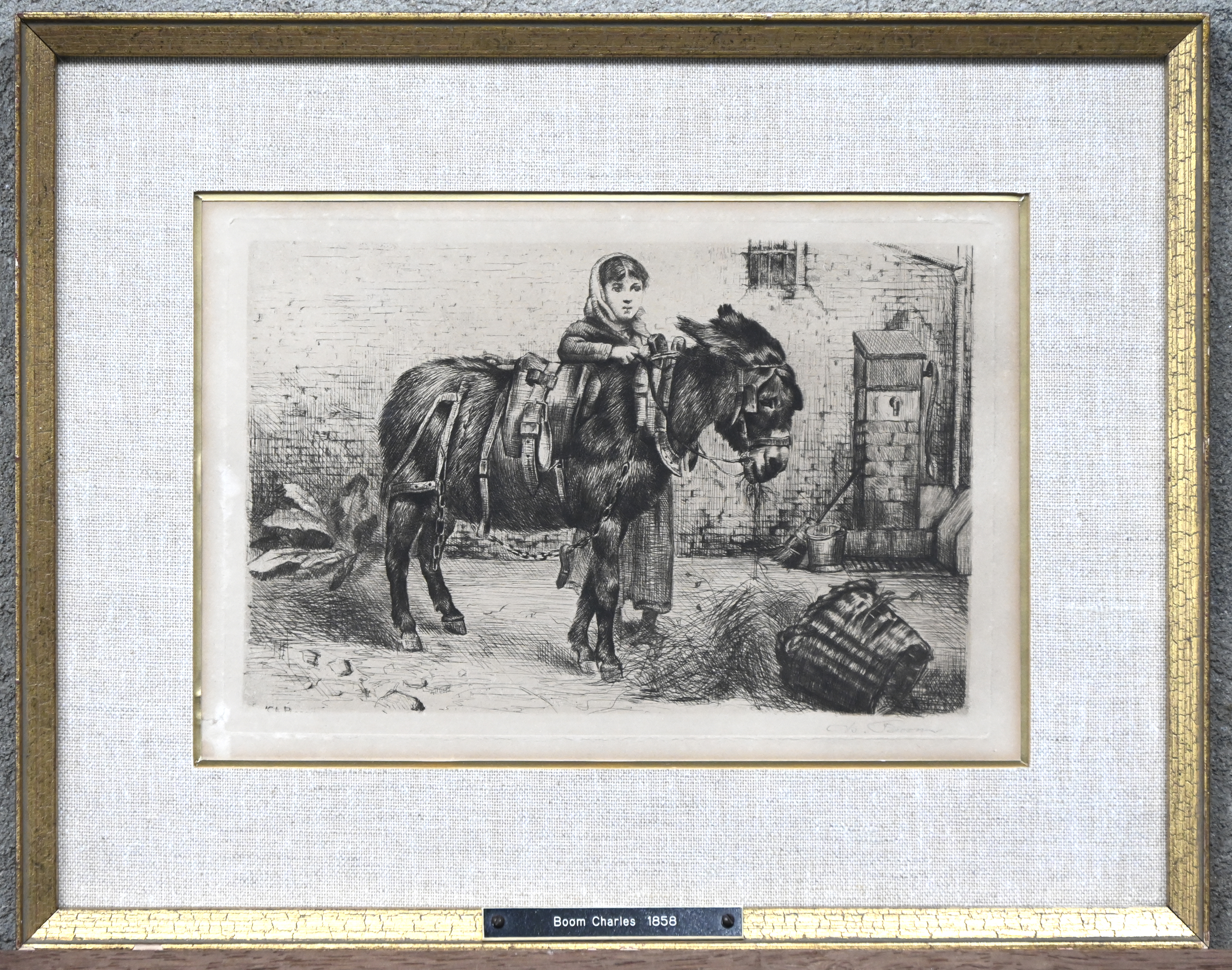 “De oude ezel aan de waterpomp”, een ets, buiten de plaat gesigneerd “De oude ezel aan de waterpomp”, een ets, buiten de plaat gesigneerd.