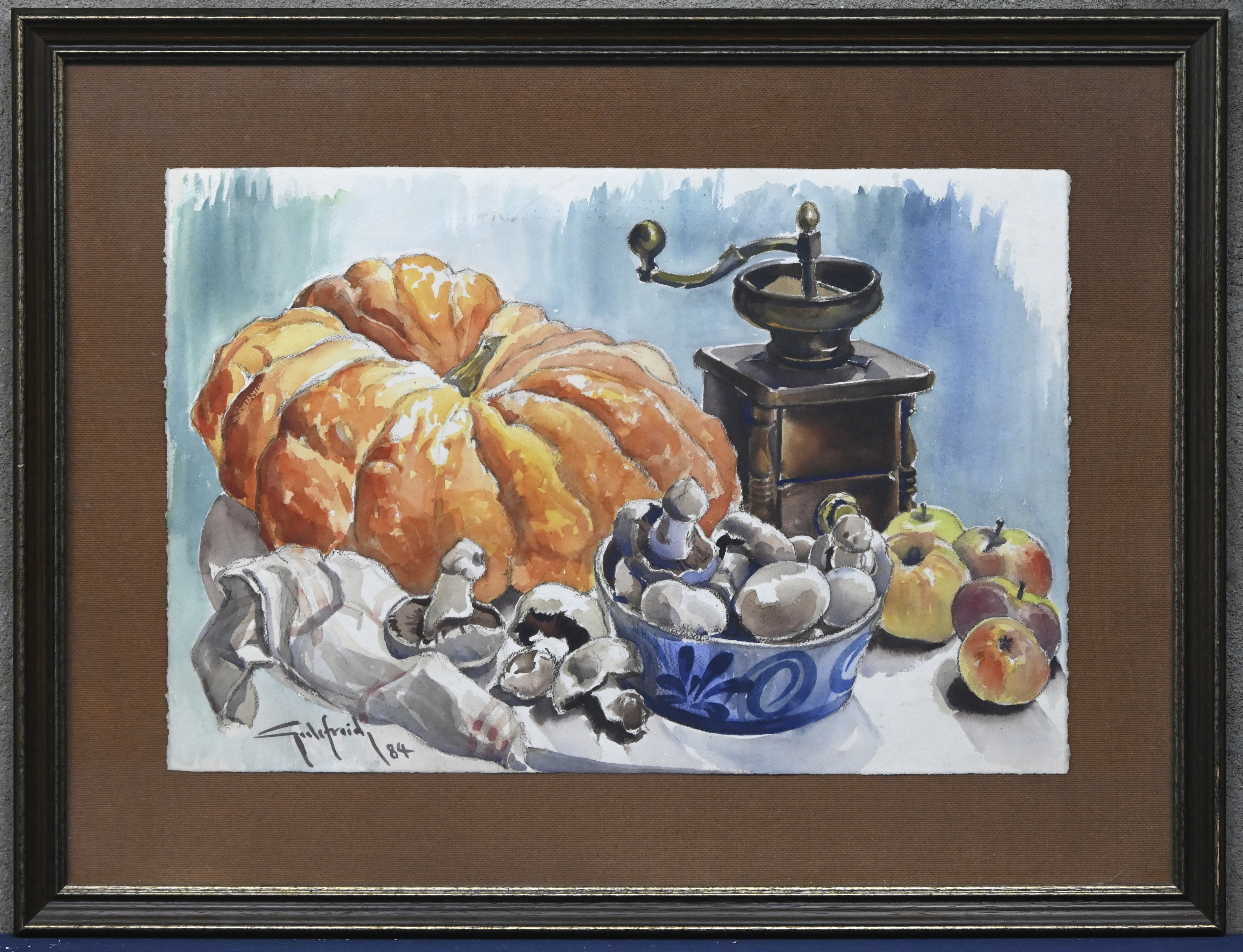 “Stilleven met een oude koffiemolen”, een aquarel op papier, gesigneerd “Stilleven met een oude koffiemolen”, een aquarel op papier, gesigneerd.