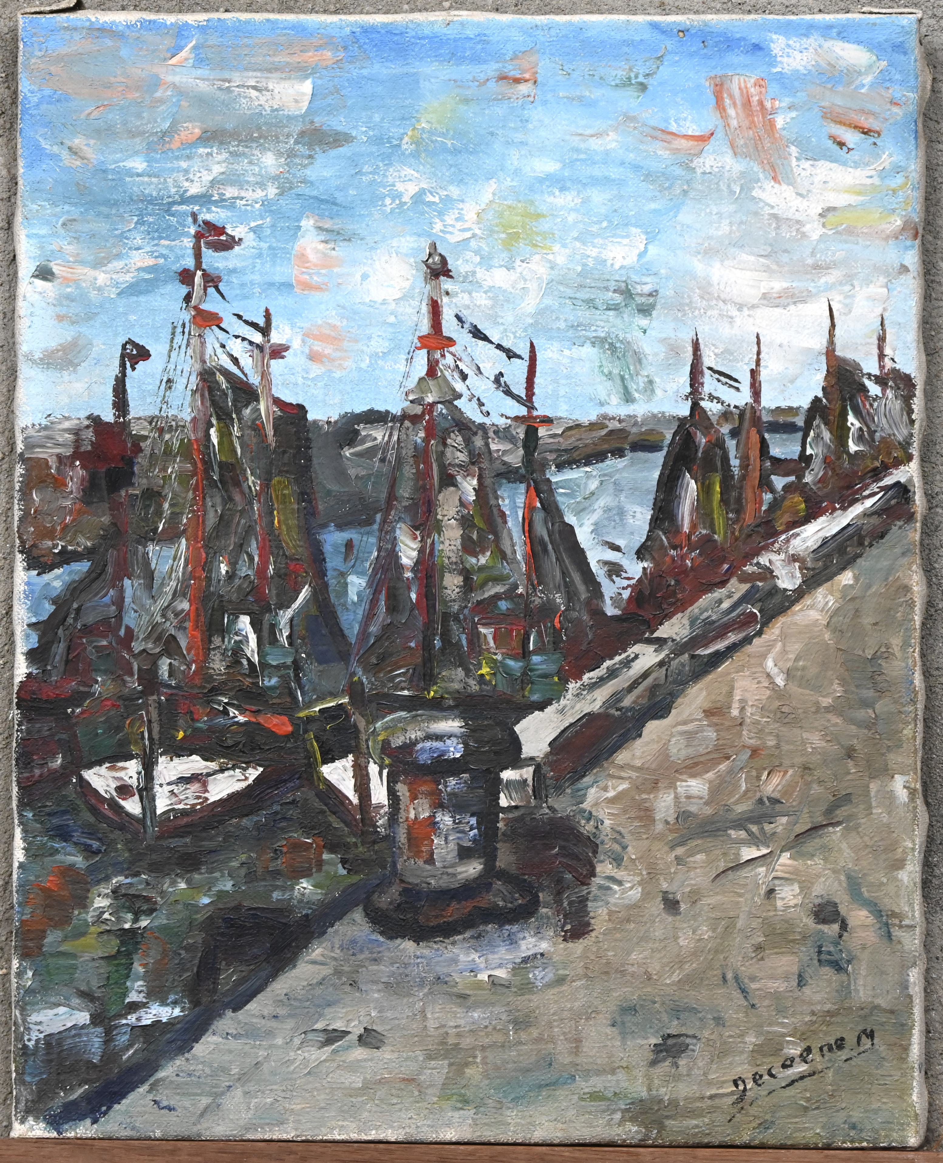 ‘Vissersboten aan de rede’, olieverf op doek. Een postimpressionistisch werk, getekend Decoene M ‘Vissersboten aan de rede’, olieverf op doek. Een postimpressionistisch werk, getekend Decoene M.