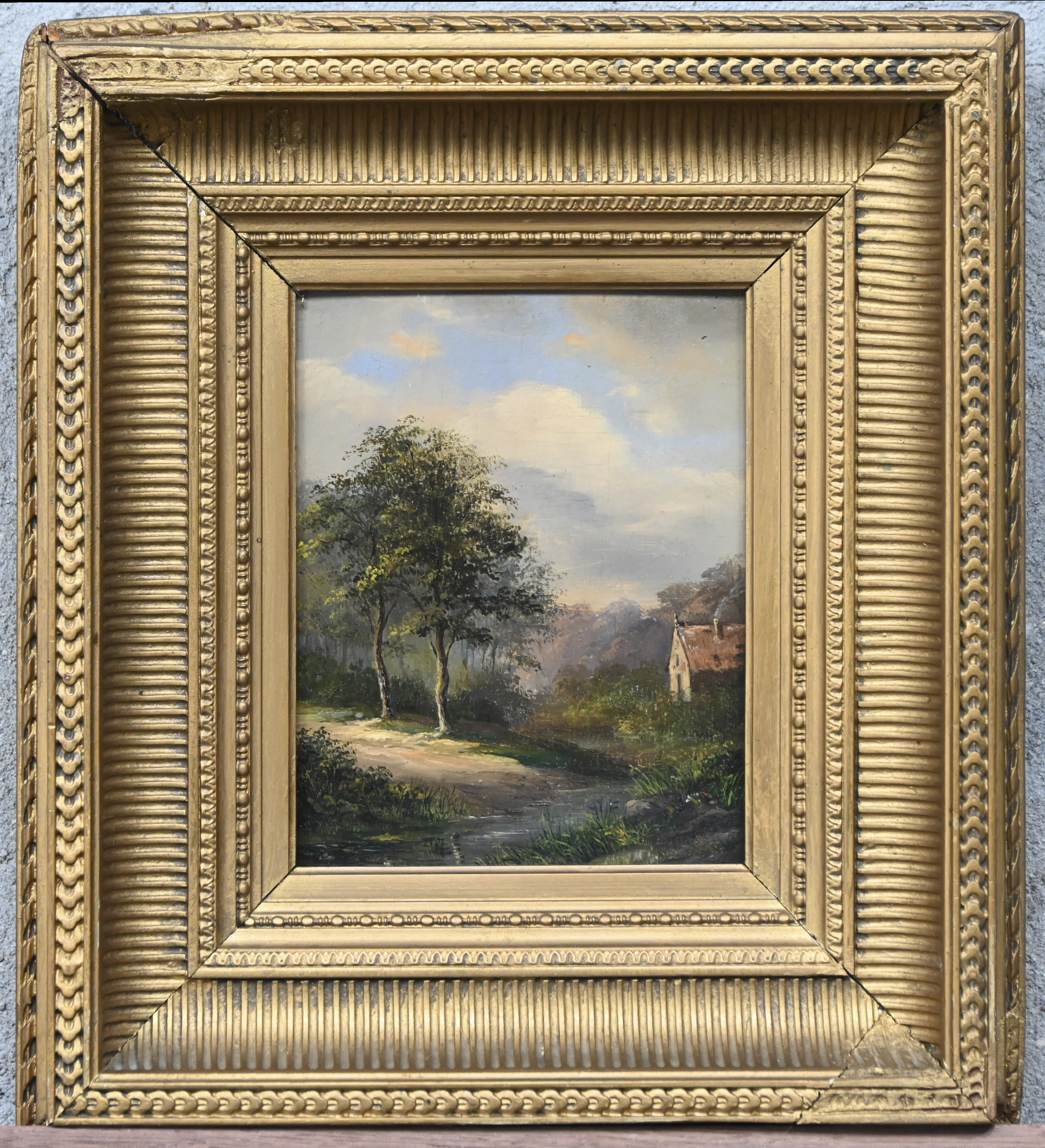 “Plattelandsweg met 2 bomen en hoeve.” Olieverf op paneel. Decoratief werk. C.M.W. Mongera vermeld achteraan “Plattelandsweg met 2 bomen en hoeve.” Olieverf op paneel. Decoratief werk. C.M.W. Mongera vermeld achteraan.