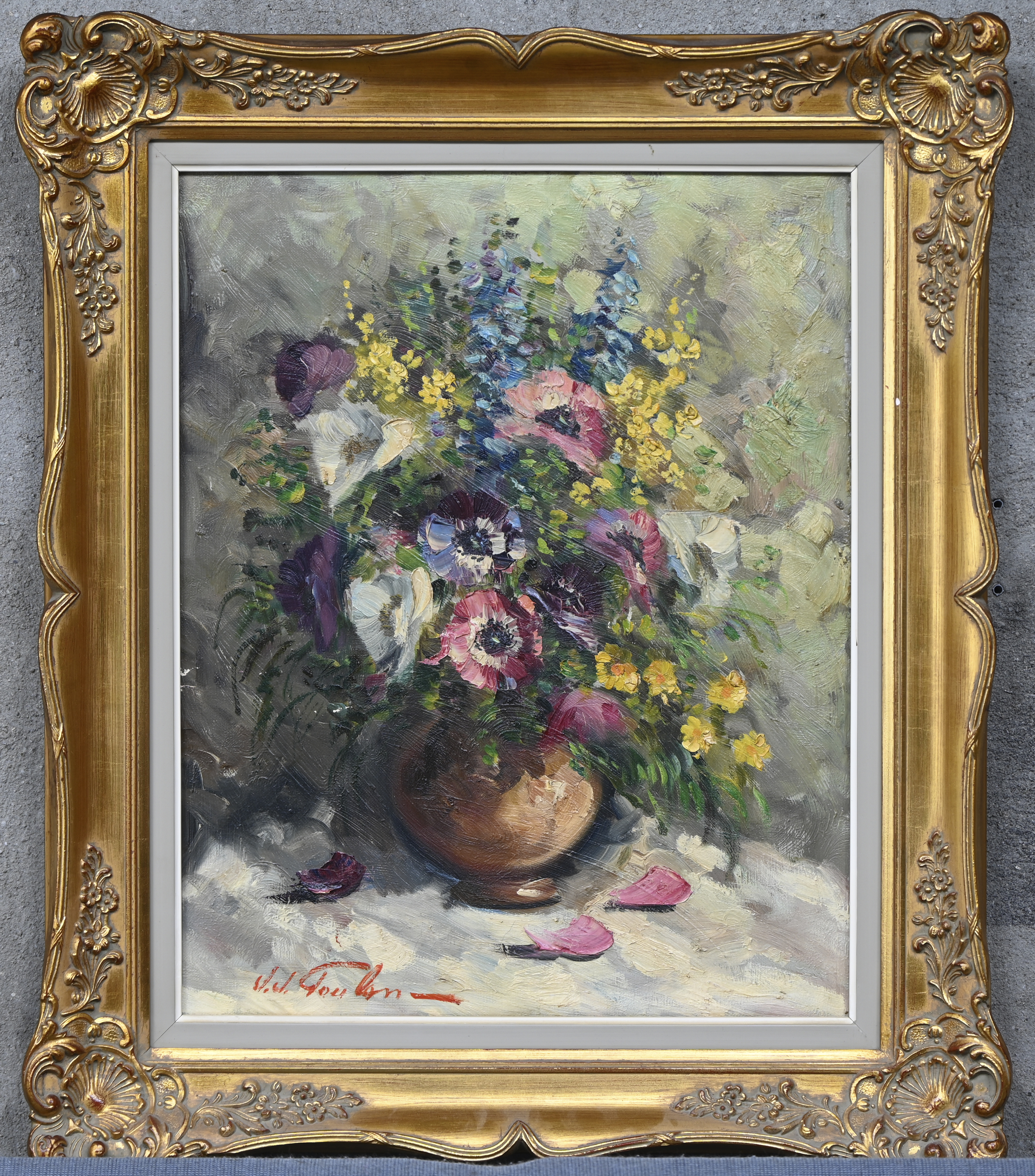 ‘Bloemenvaas’, een postimpressionistisch olieverfschilderij op doek. Draagt een handtekening ‘Bloemenvaas’, een postimpressionistisch olieverfschilderij op doek. Draagt een handtekening.