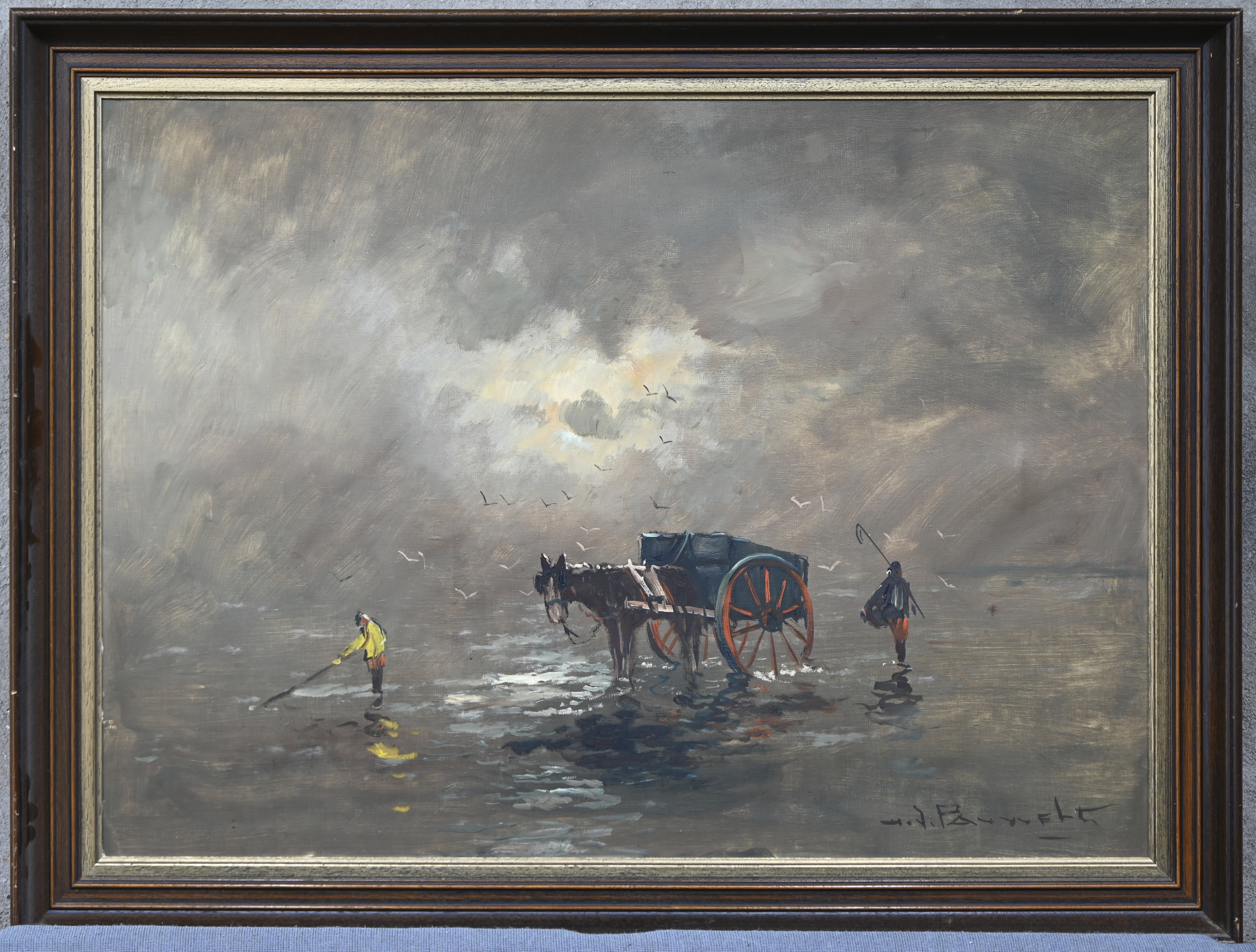 ‘Strandjutters met paard en kar’, olieverf op doek. Getekend H. J. Pauwels ‘Strandjutters met paard en kar’, olieverf op doek. Getekend H. J. Pauwels.