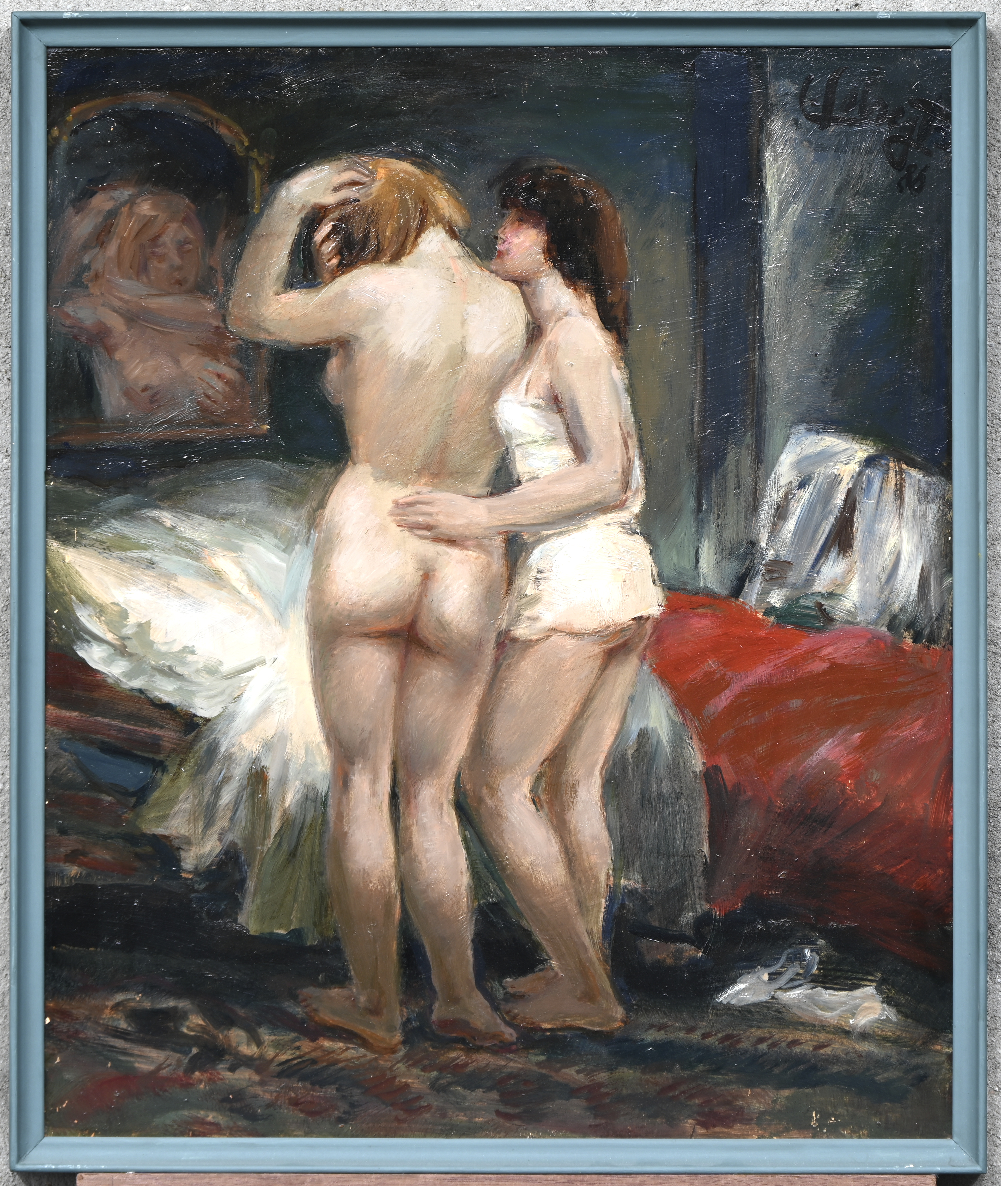 ‘Twee jonge vrouwen in hun slaapkamer’, olieverf op paneel. Getekend L. Sebregts ‘86. Sebregts genoot zijn opleiding aan de Academie van Antwerpen en het NHISKA, bij Isidoor Opsomer en Albert Saverys ‘Twee jonge vrouwen in hun slaapkamer’, olieverf op paneel. Getekend L. Sebregts ‘86. Sebregts genoot zijn opleiding aan de Academie van Antwerpen en het NHISKA, bij Isidoor Opsomer en Albert Saverys.