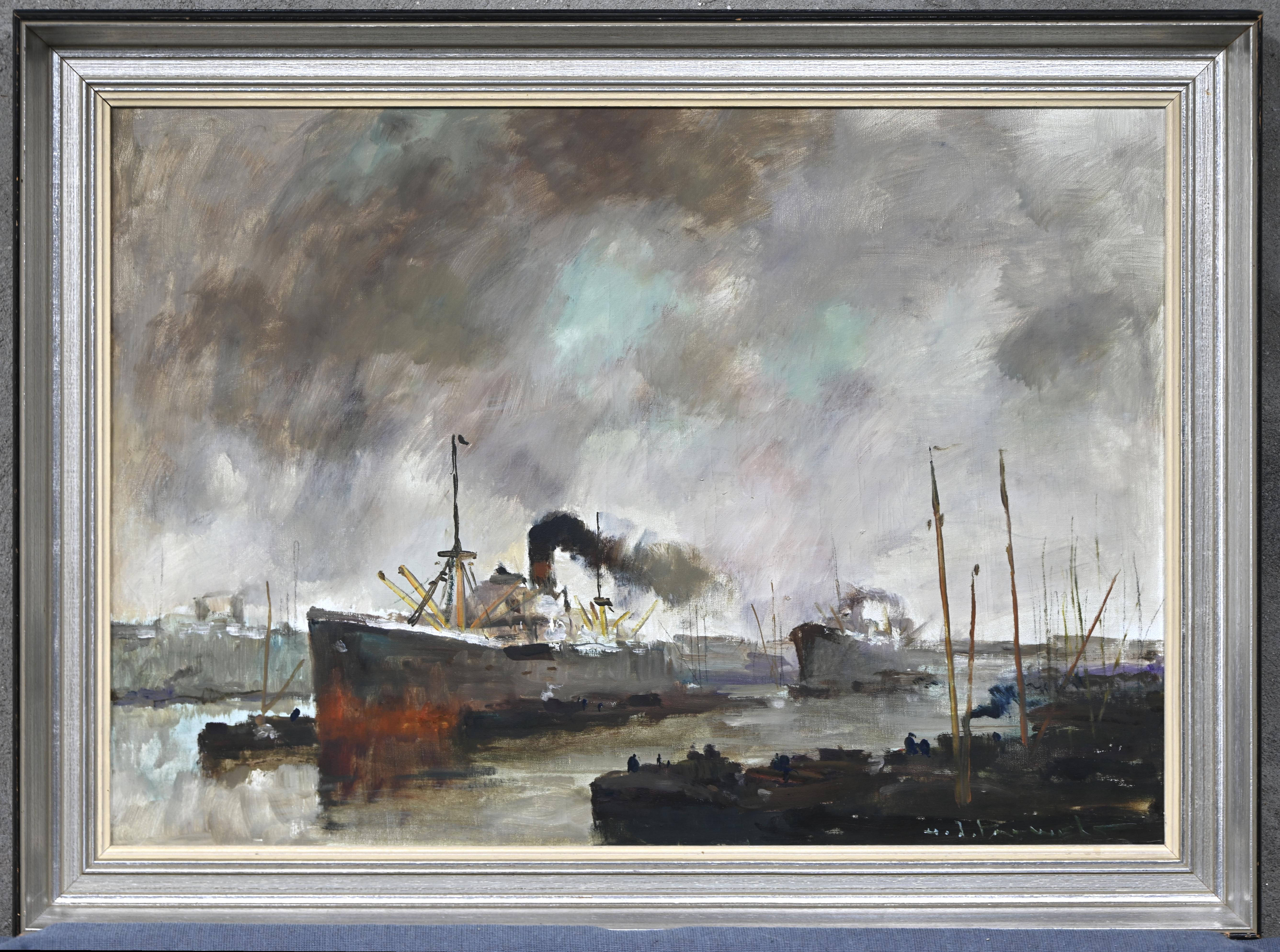 ‘Stoomschepen in de havengeul’, olieverf op doek. Getekend Pauwels ‘Stoomschepen in de havengeul’, olieverf op doek. Getekend Pauwels.