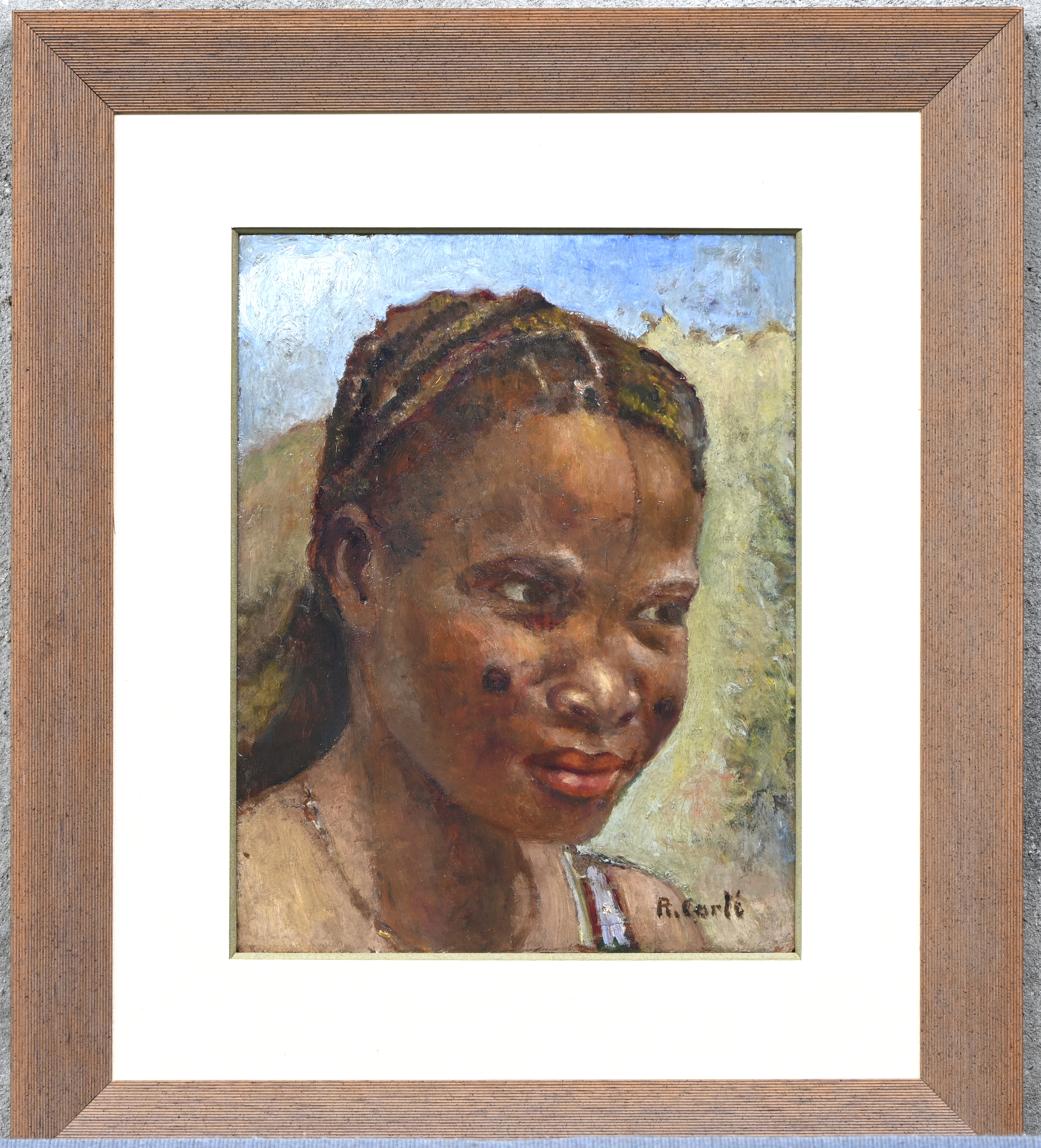 ‘Meisjesportret’, olieverf op paneel. Getekend R. Carlé ‘Meisjesportret’, olieverf op paneel. Getekend R. Carlé.