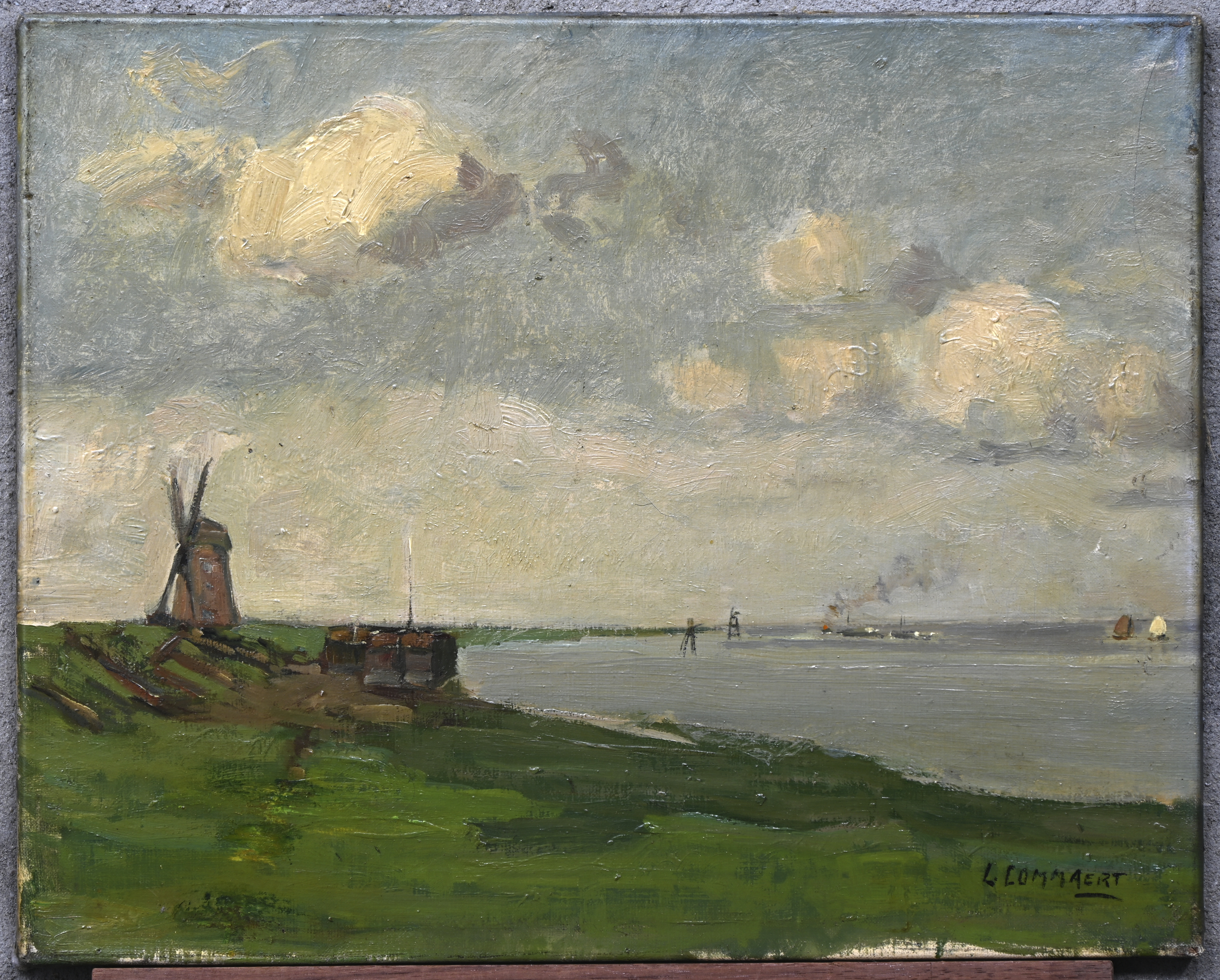 ‘Zicht op de Schelde’, olieverf op doek. Getekend L. Lommaert (Borgerhout 1904 - Antwerpen 1978). Met twee kleine herstellingen aan het doek. Leon Lommaert was een leerling van Ludovic Janssen en Isidore Opsomer ‘Zicht op de Schelde’, olieverf op doek. Getekend L. Lommaert (Borgerhout 1904 - Antwerpen 1978). Met twee kleine herstellingen aan het doek. Leon Lommaert was een leerling van Ludovic Janssen en Isidore Opsomer.