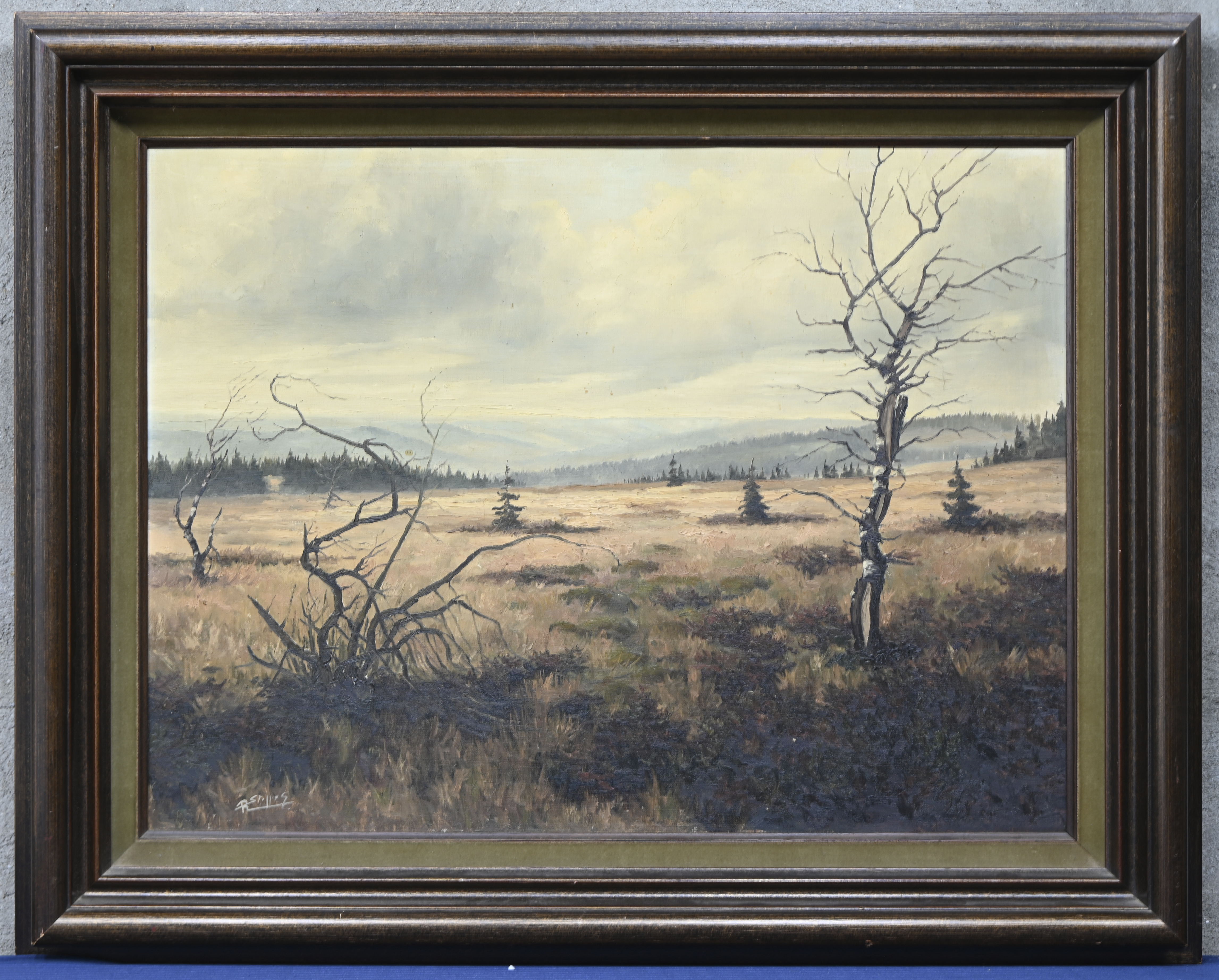 “Heidezicht met open zandvlakte.” Olieverf op doek. Onleesbaar gesigneerd “Heidezicht met open zandvlakte.” Olieverf op doek. Onleesbaar gesigneerd.