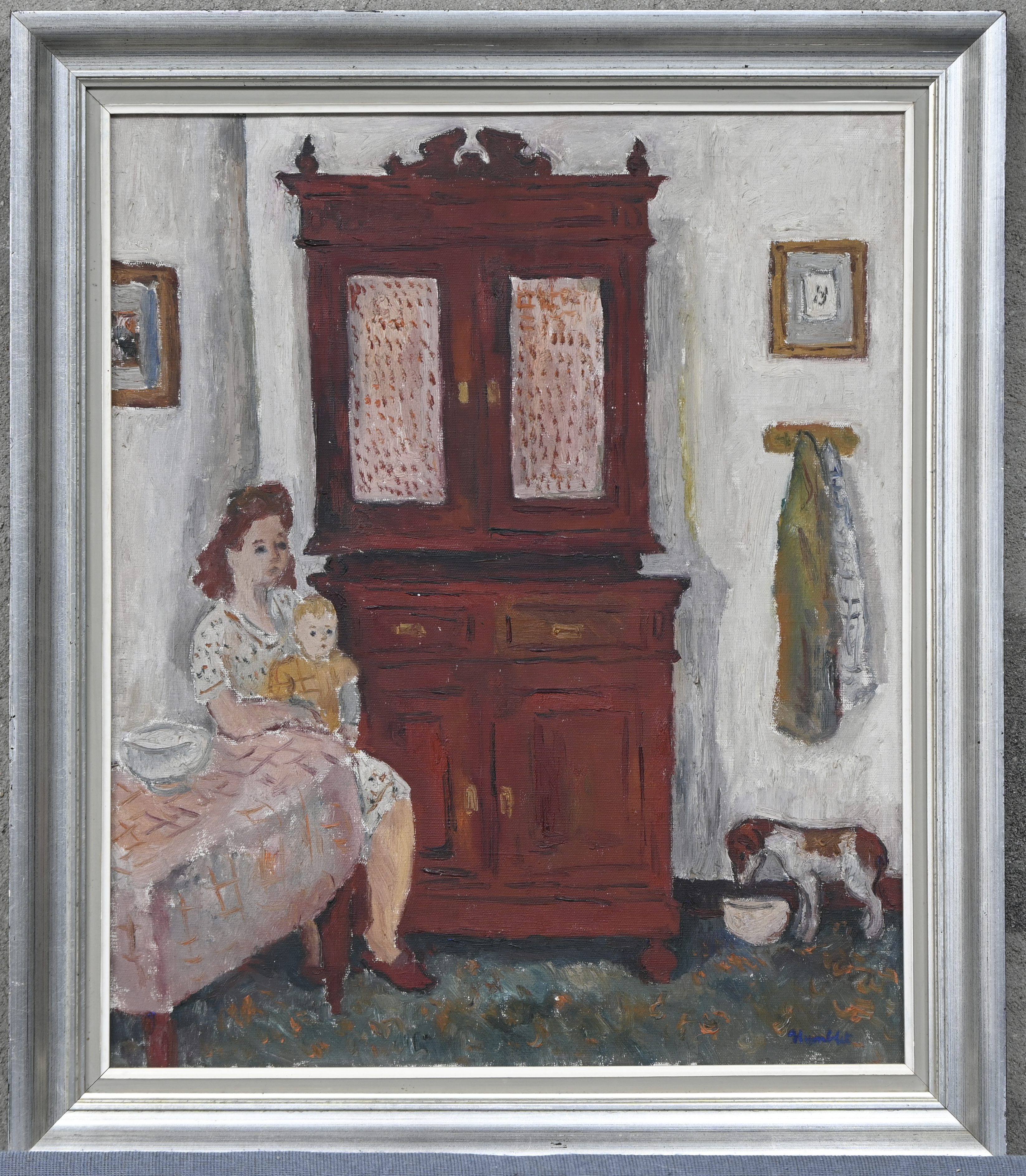 ‘Interieur met moeder en kind’, een olieverfschilderij in naïeve stijl. Getekend Humblet ‘Interieur met moeder en kind’, een olieverfschilderij in naïeve stijl. Getekend Humblet.