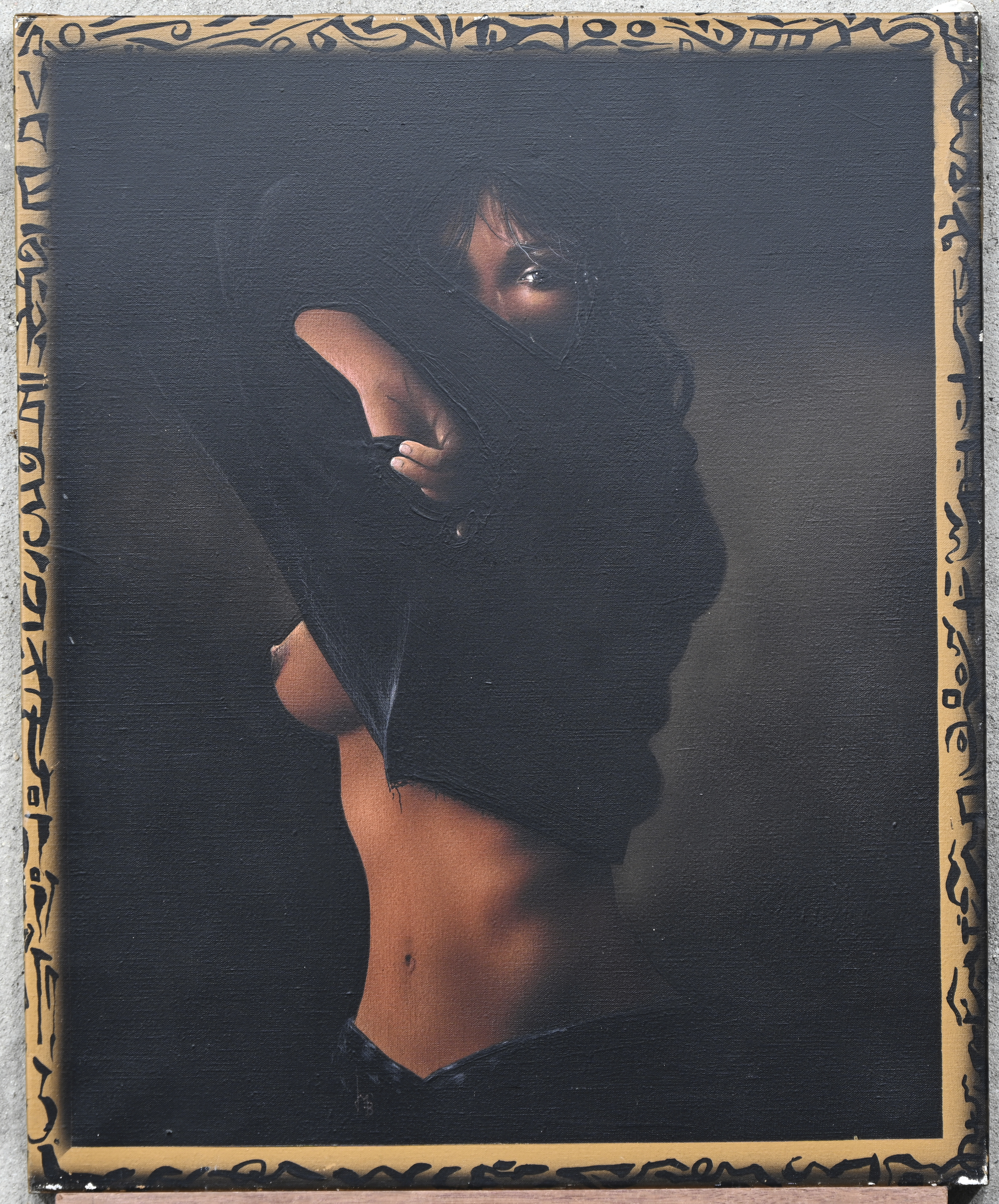 “Striptease”, een schilderij, olieverf op doek, gemonogrammeerd en achteraan gesigneerd “Striptease”, een schilderij, olieverf op doek, gemonogrammeerd en achteraan gesigneerd.