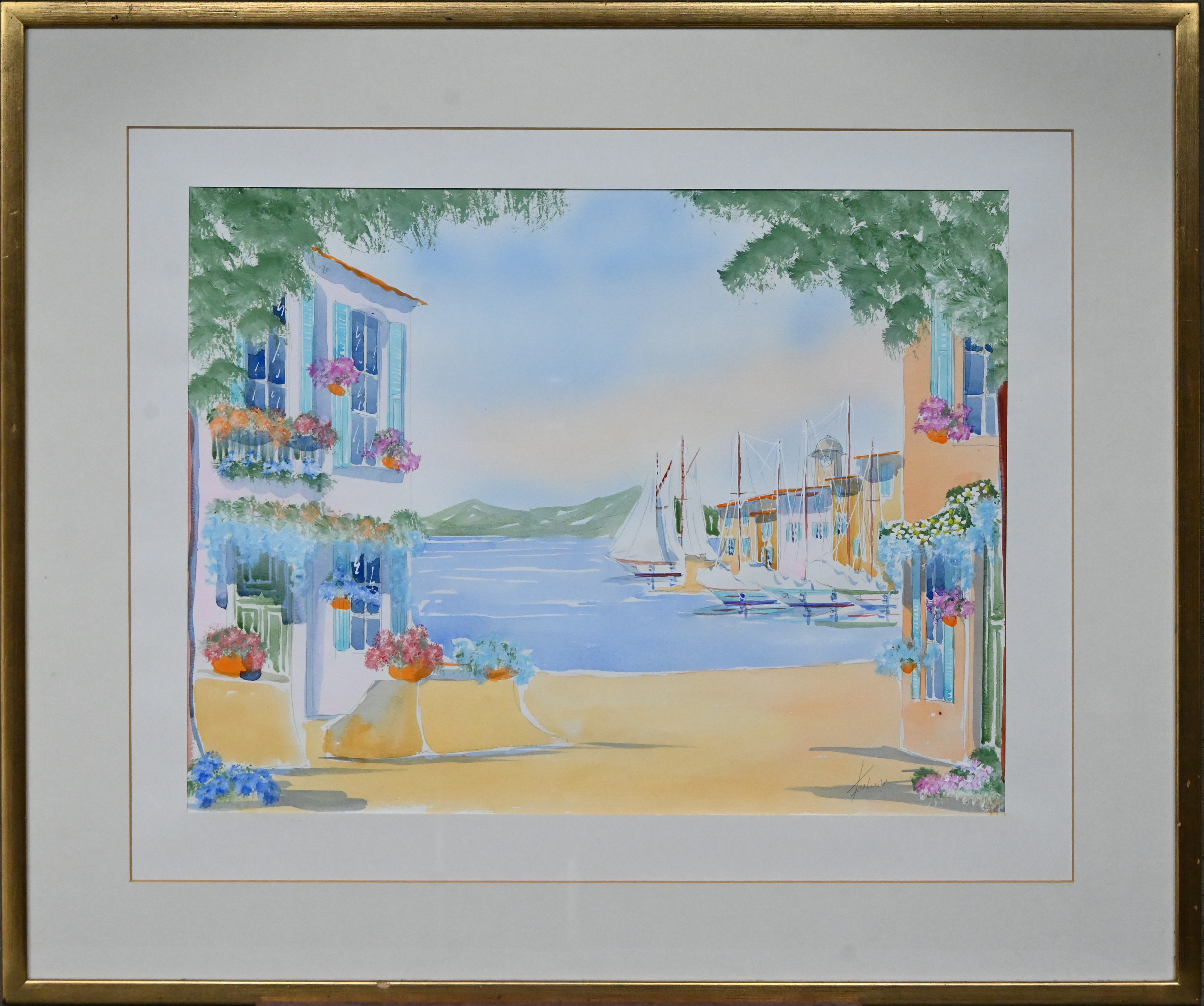 Zuiders havenzicht. Aquarel. Onleesbaar gesigneerd Zuiders havenzicht. Aquarel. Onleesbaar gesigneerd.