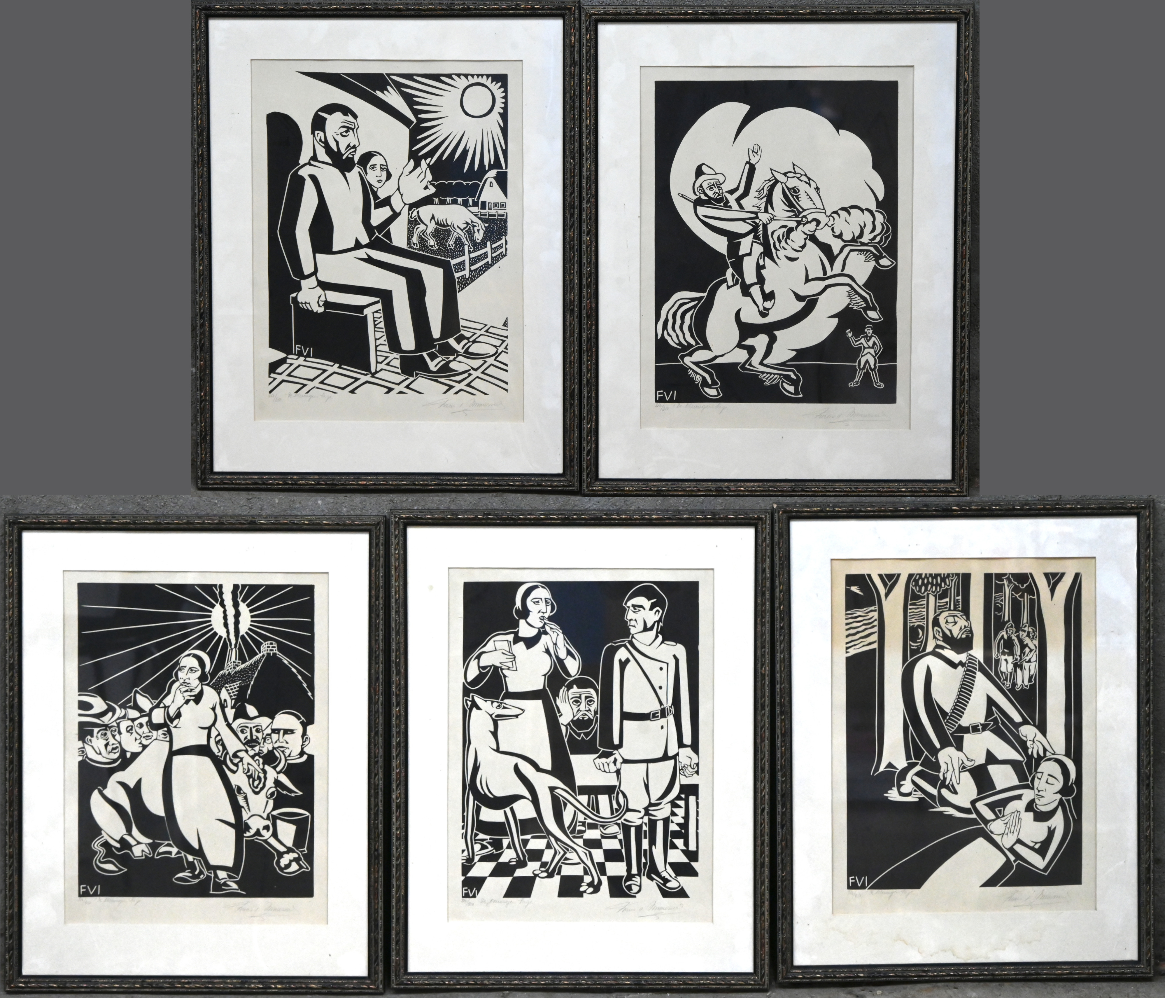 “De Olewagen Sage”. Een set van vijf ingekaderde houtsneden, genummerd 216/250, gesigneerd buiten de plaat, ter illustratie van een verhaal van Hans Grimm “De Olewagen Sage”. Een set van vijf ingekaderde houtsneden, genummerd 216/250, gesigneerd buiten de plaat, ter illustratie van een verhaal van Hans Grimm.