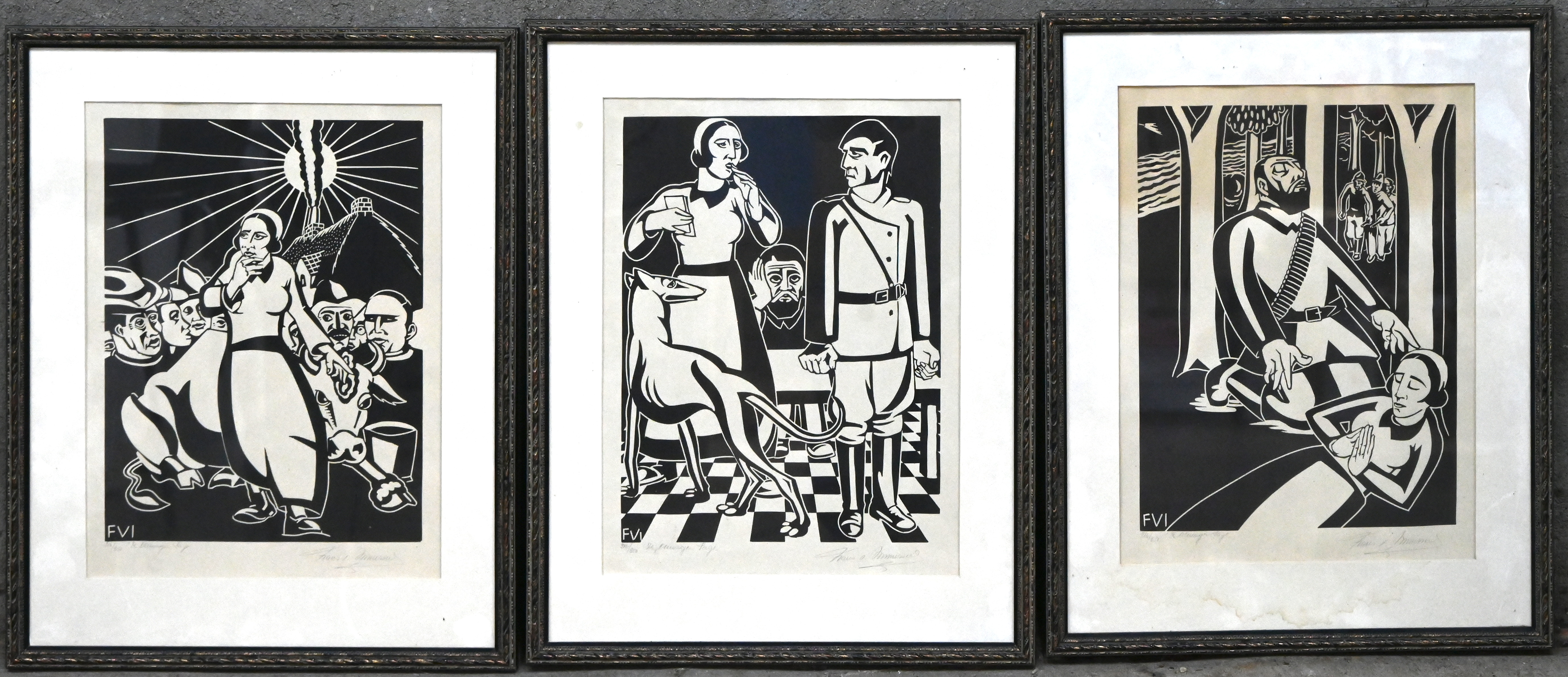 “De Olewagen Sage”. Een set van vijf ingekaderde houtsneden, genummerd 216/250, gesigneerd buiten de plaat, ter illustratie van een verhaal van Hans Grimm “De Olewagen Sage”. Een set van vijf ingekaderde houtsneden, genummerd 216/250, gesigneerd buiten de plaat, ter illustratie van een verhaal van Hans Grimm.