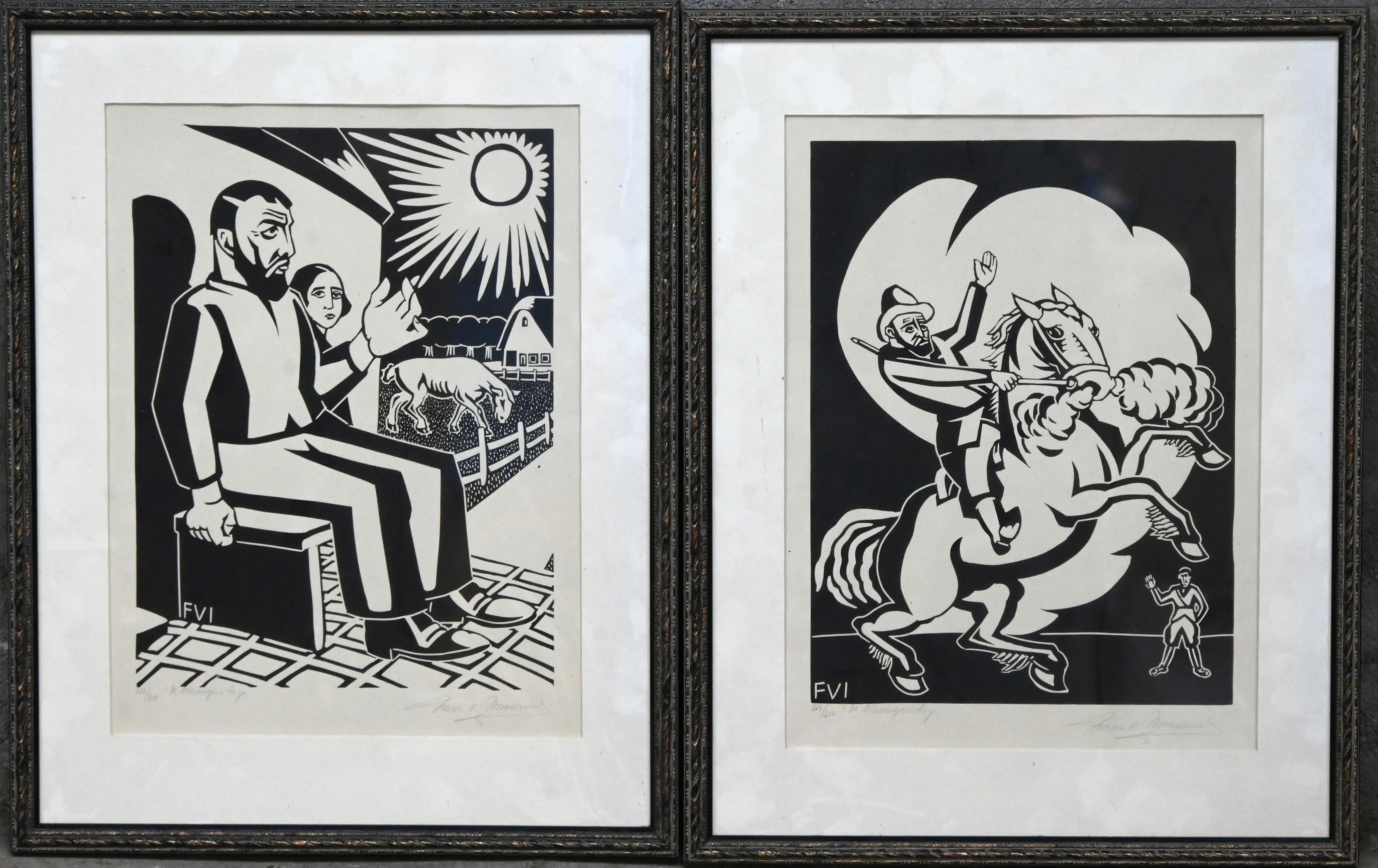 “De Olewagen Sage”. Een set van vijf ingekaderde houtsneden, genummerd 216/250, gesigneerd buiten de plaat, ter illustratie van een verhaal van Hans Grimm “De Olewagen Sage”. Een set van vijf ingekaderde houtsneden, genummerd 216/250, gesigneerd buiten de plaat, ter illustratie van een verhaal van Hans Grimm.