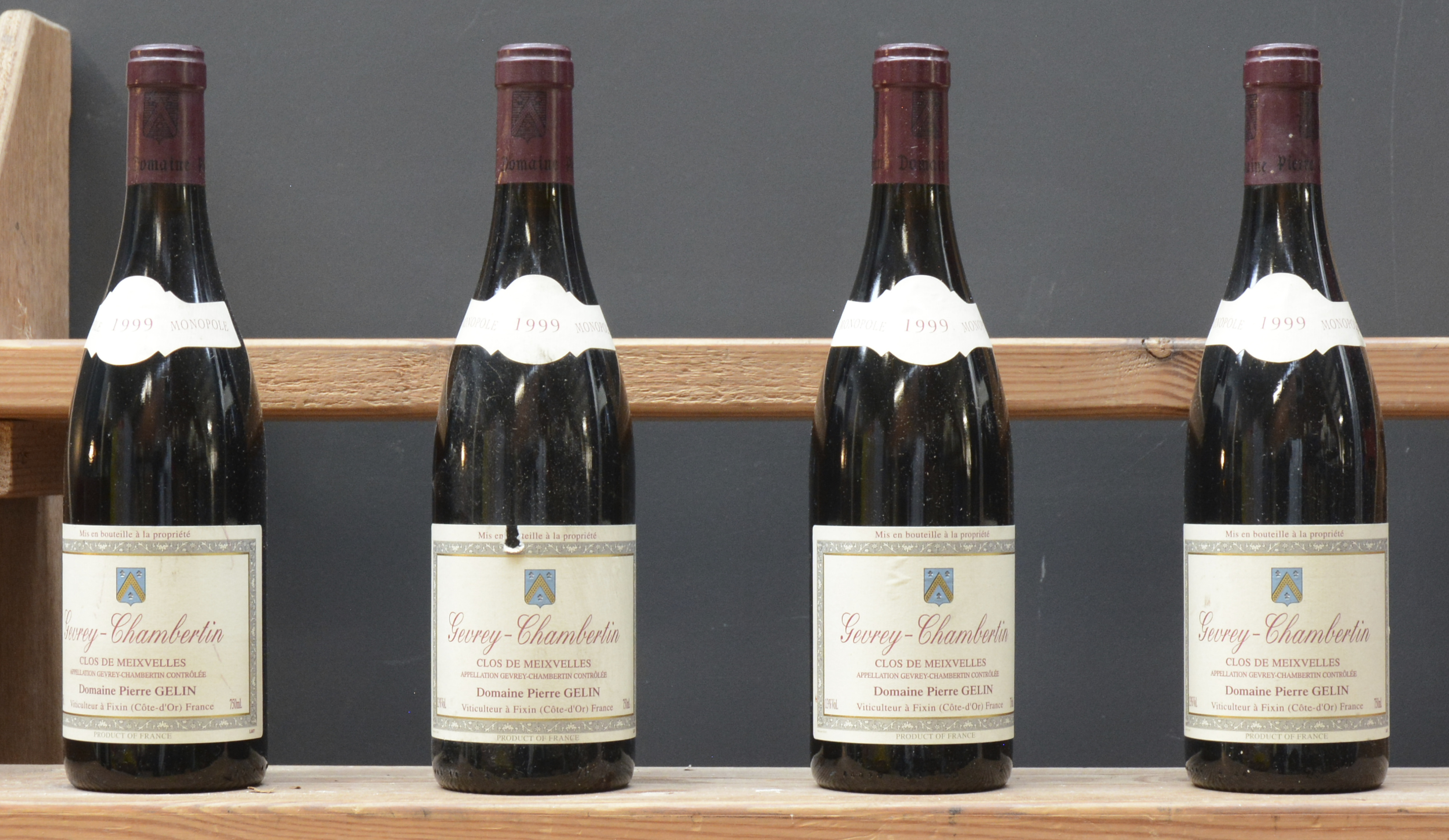 Gevrey-Chambertin Clos de Meixvelles A.C. Dom. Pierre Gelin, Fixin M.P Gevrey-Chambertin Clos de Meixvelles A.C. Dom. Pierre Gelin, Fixin M.P. 1999 aantal: 4 bt