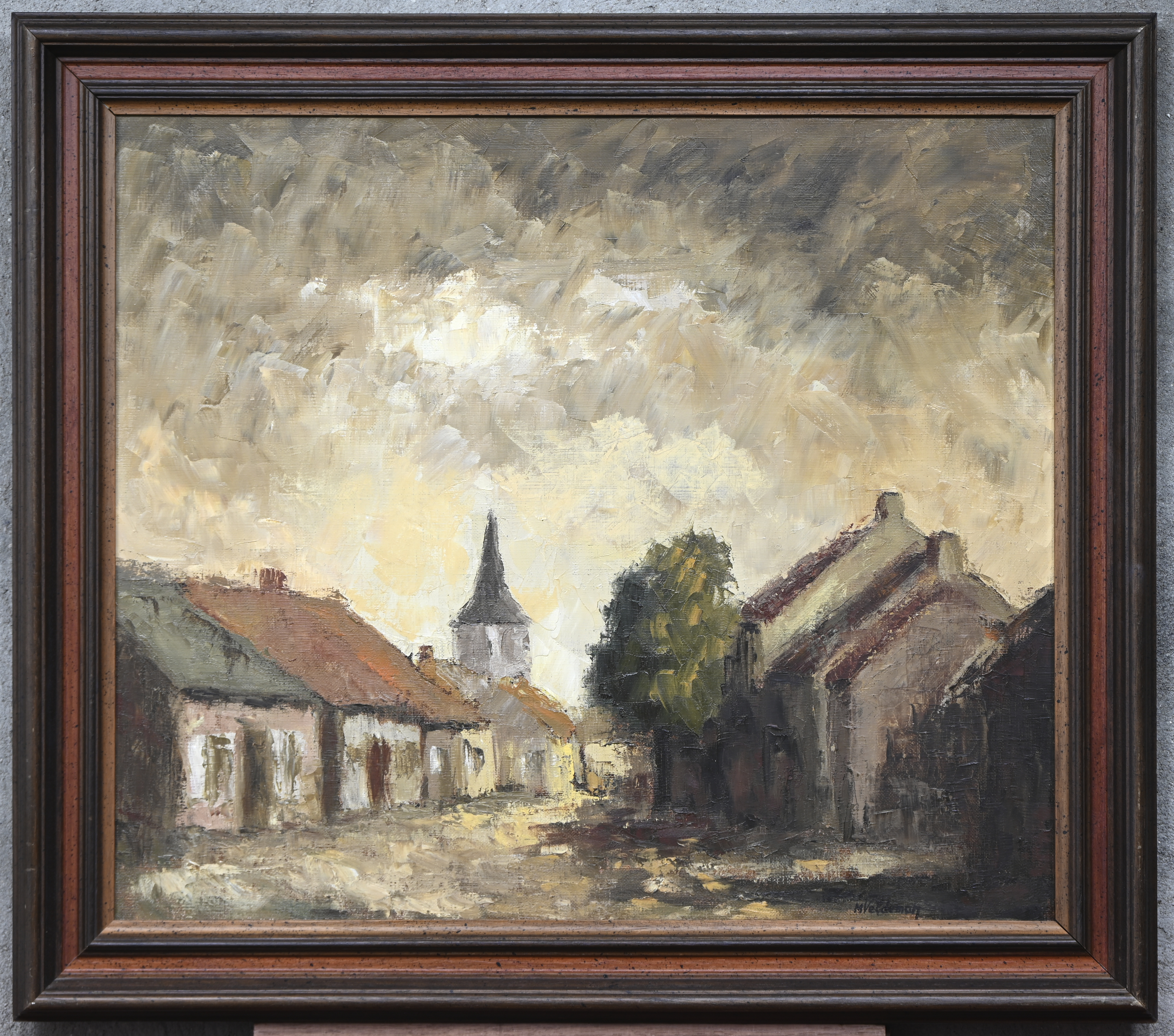 ‘Oud dorpszicht met kerk’, olieverf op doek. Getekend M. Veldeman ‘Oud dorpszicht met kerk’, olieverf op doek. Getekend M. Veldeman.