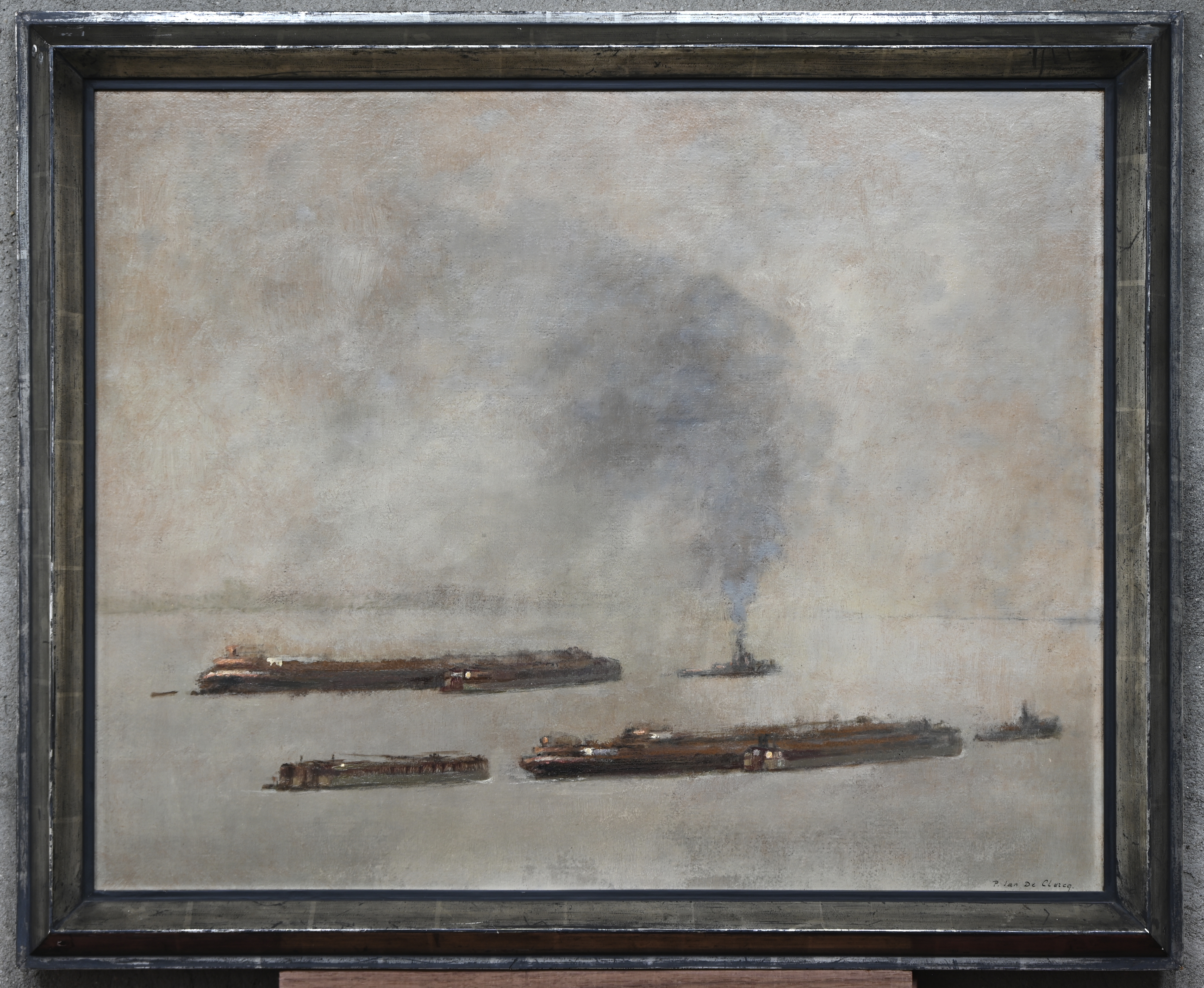 ‘Vrachtschepen op een mistige Schelde’, olieverf op doek. Een postimpressionistisch werk, getekend P. Jan De Clercq ‘Vrachtschepen op een mistige Schelde’, olieverf op doek. Een postimpressionistisch werk, getekend P. Jan De Clercq.
