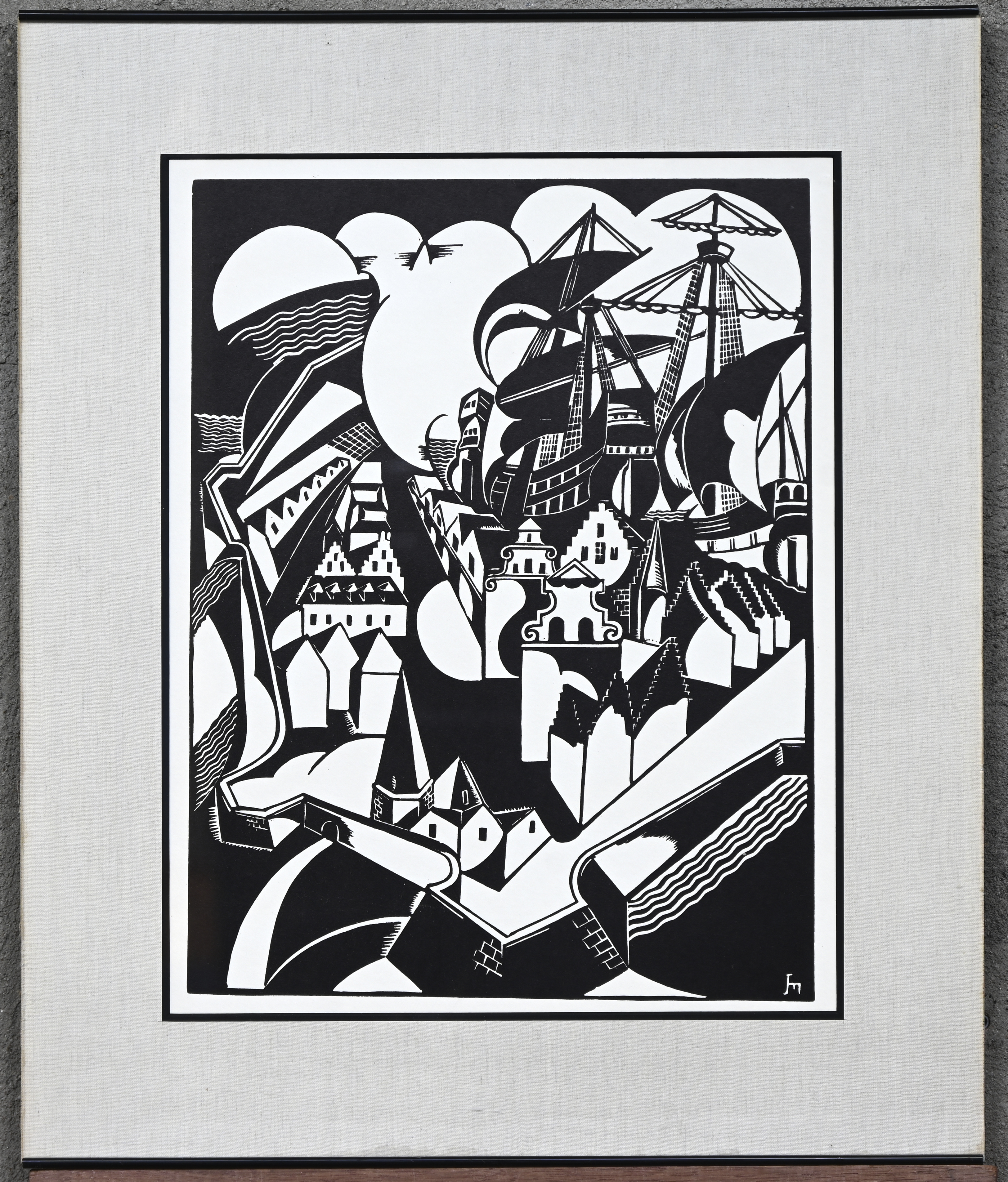 ‘De citadel’, een monochrome linosnede. Getekend binnen de plaat met monogram ‘JM’ ‘De citadel’, een monochrome linosnede. Getekend binnen de plaat met monogram ‘JM’.