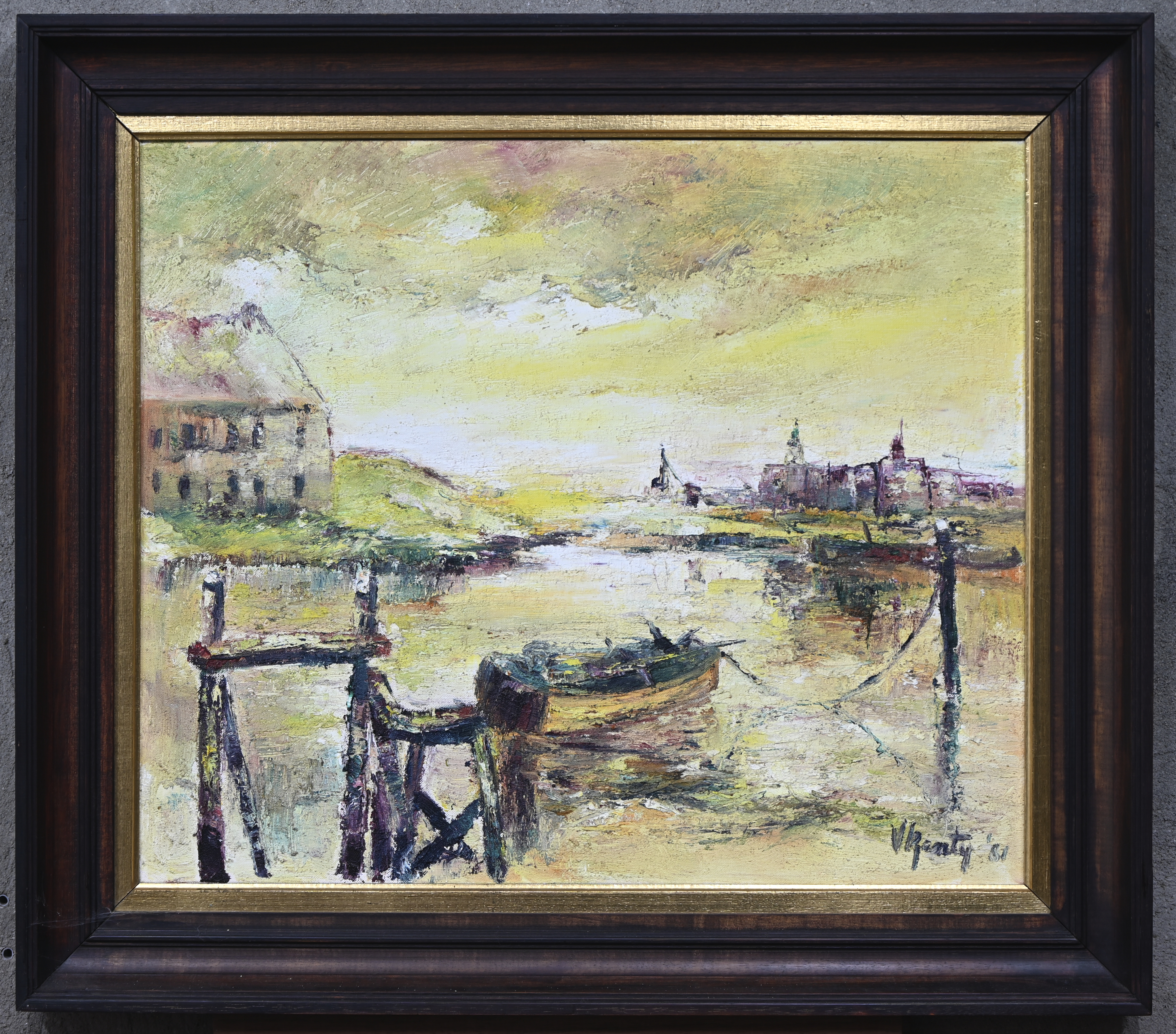 ‘Haventje met aangemeerde sloep’, olieverf op doek. Een postimpressionistisch werk, getekend V. Renty ‘81 ‘Haventje met aangemeerde sloep’, olieverf op doek. Een postimpressionistisch werk, getekend V. Renty ‘81.