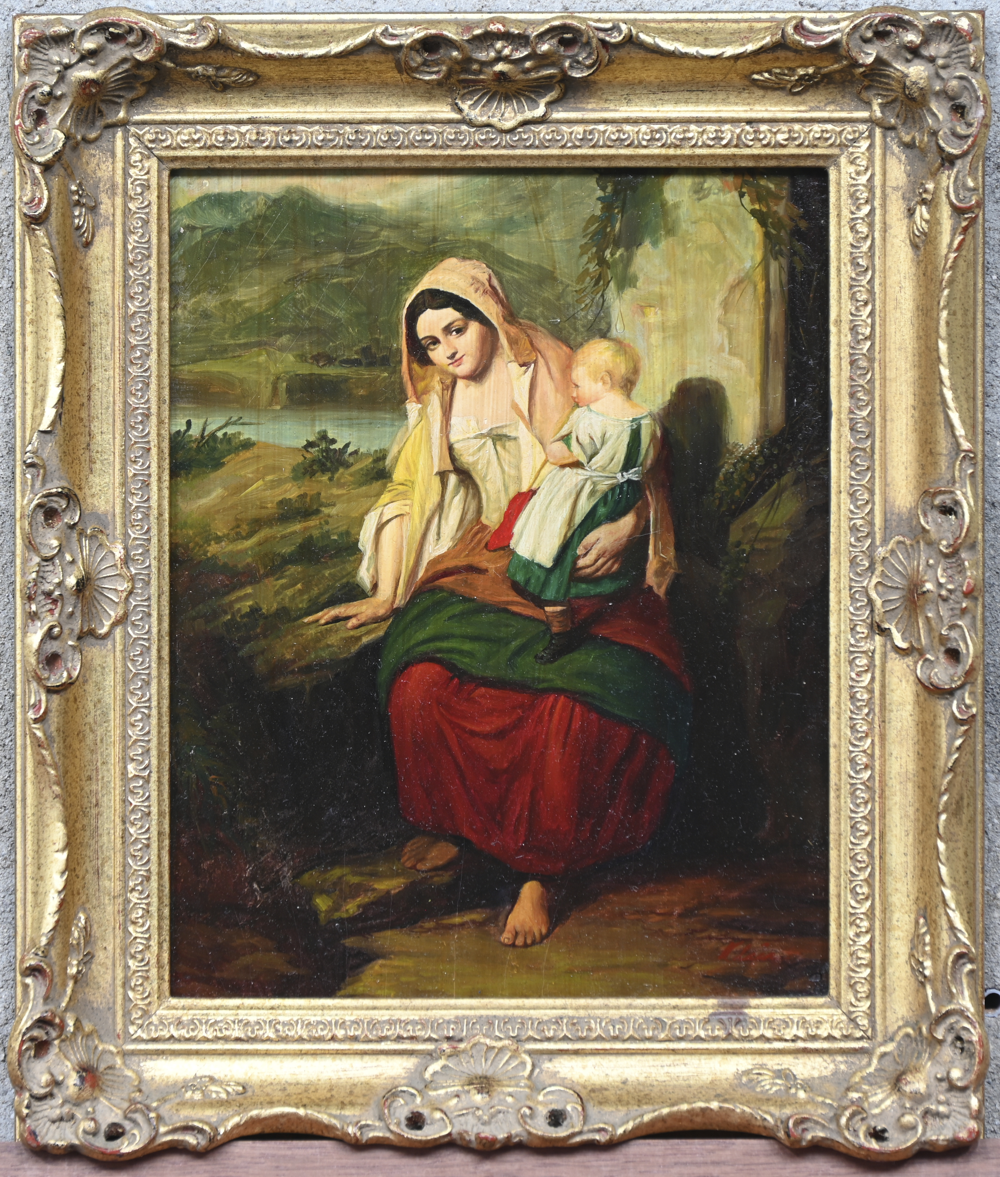 “Moeder en kind”, een schilderij, olieverf op paneel, naar de 19e eeuw, draagt handtekening “Moeder en kind”, een schilderij, olieverf op paneel, naar de 19e eeuw, draagt handtekening.