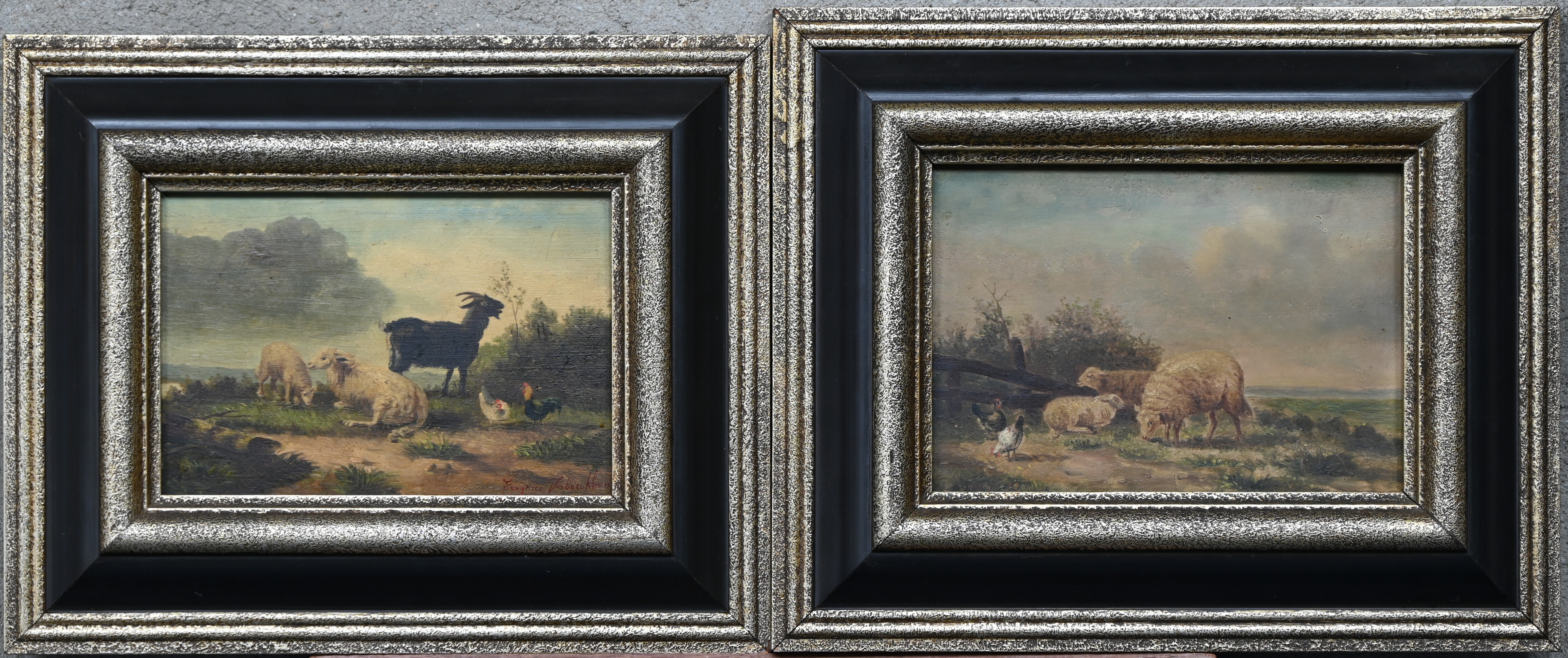 Een lot van 2 schilderijtjes met boerderijdieren, olieverf op paneel, naar Verboeckhoven Een lot van 2 schilderijtjes met boerderijdieren, olieverf op paneel, naar Verboeckhoven.