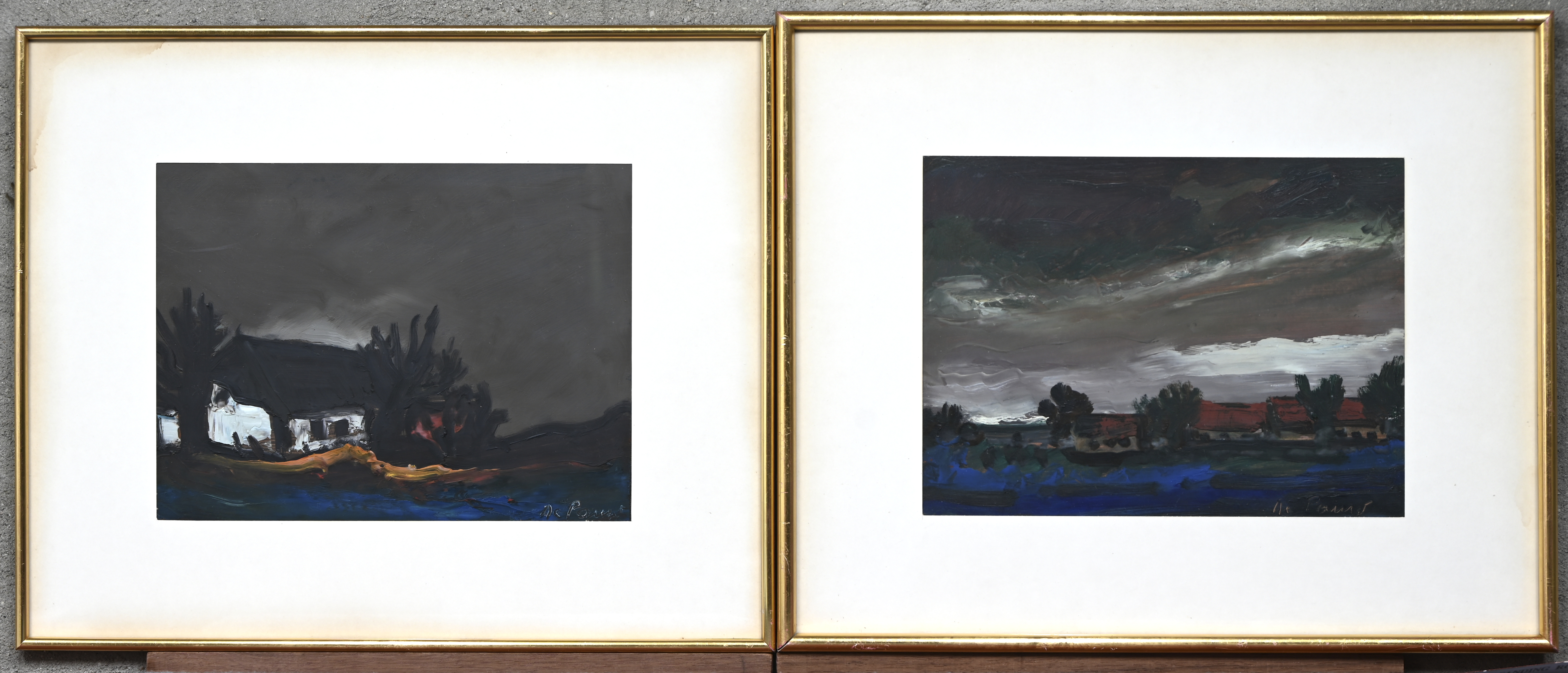 Een paar naive hoevezichten, acryl op papier. Gesigneerd Een paar naive hoevezichten, acryl op papier. Gesigneerd.