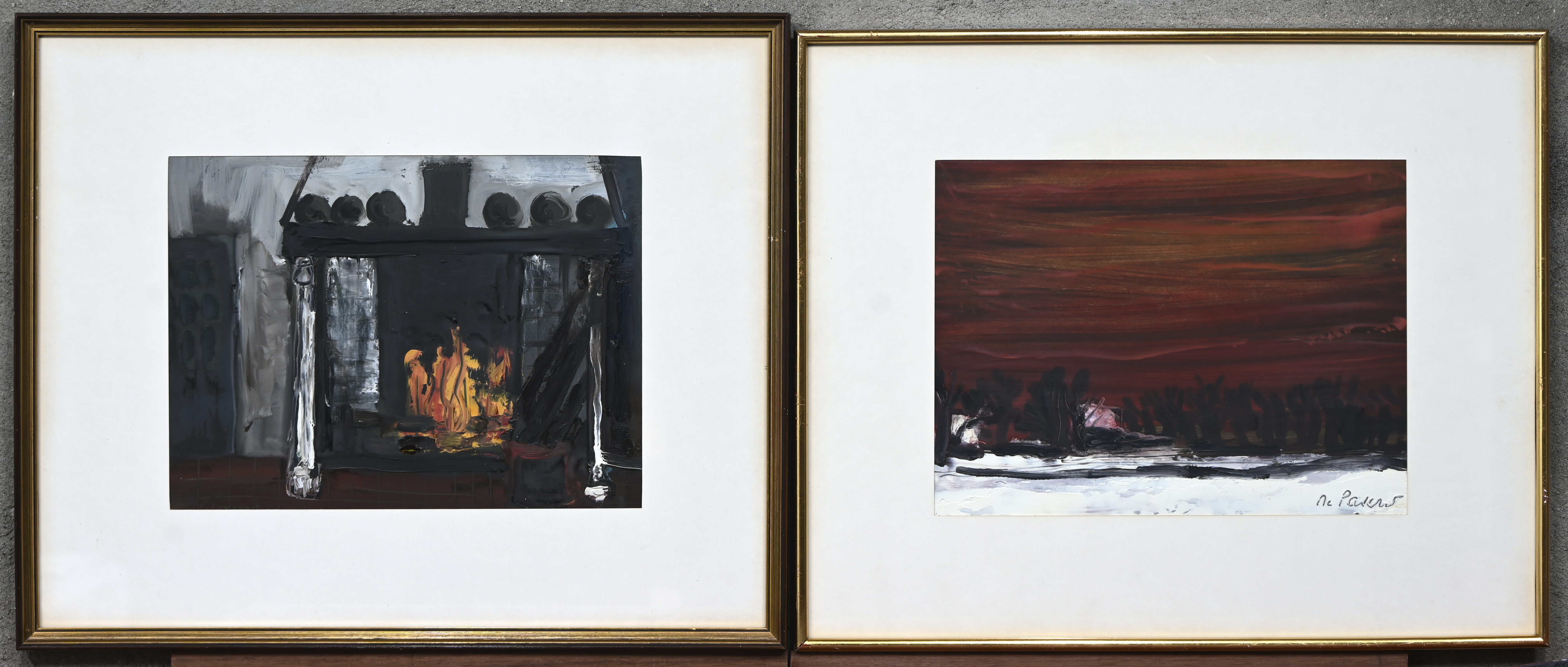 Een lot van twee naive schilderijen, hoevezicht bij valavond en landelijk interieur, acryl op papier. Gesigneerd Een lot van twee naive schilderijen, hoevezicht bij valavond en landelijk interieur, acryl op papier. Gesigneerd.