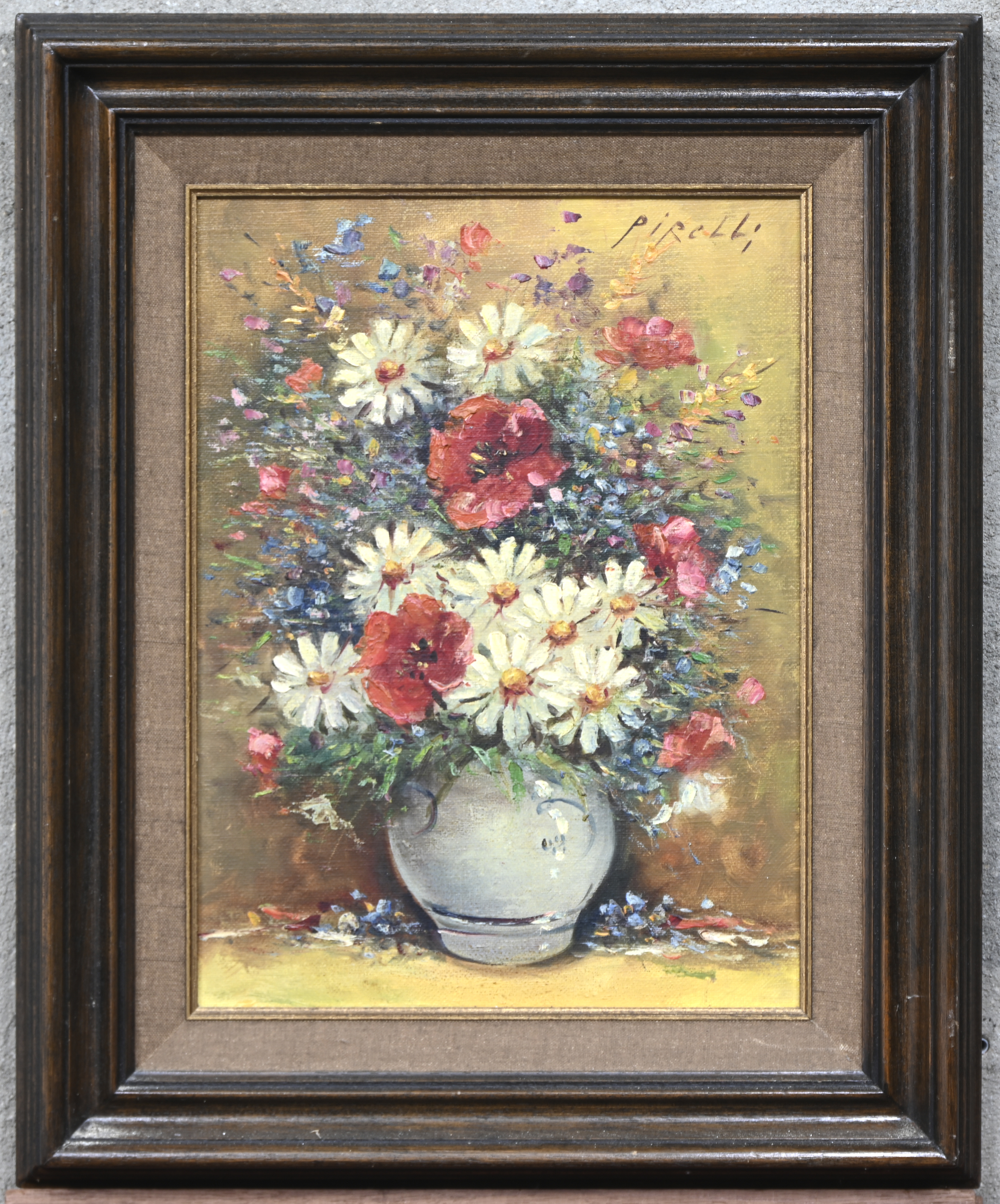 “Bloemenstilleven”, een schilderij, olieverf op doek, gesigneerd Pirelli “Bloemenstilleven”, een schilderij, olieverf op doek, gesigneerd Pirelli.