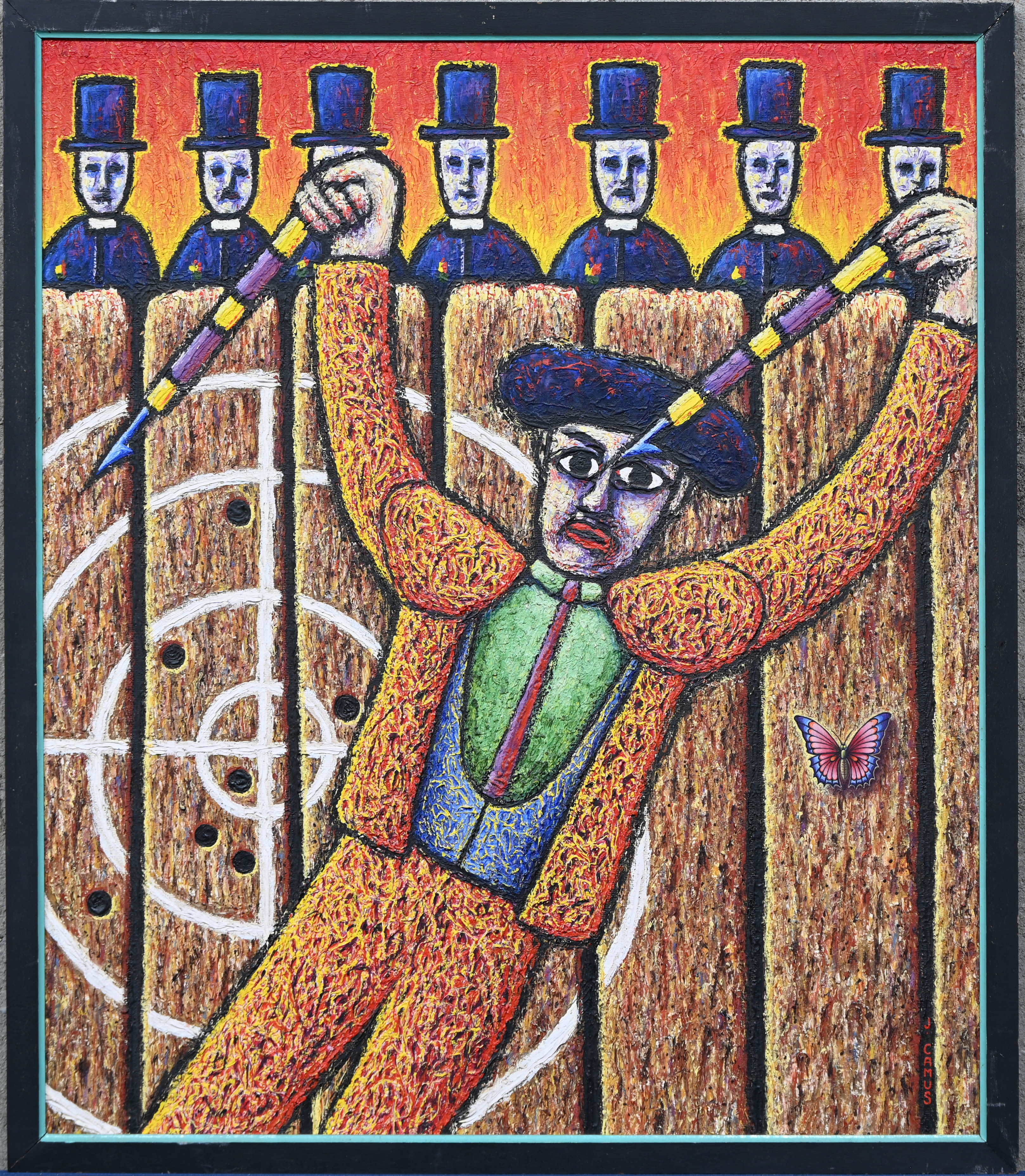 ‘Toreador voor een schietschijf’, olieverf op paneel. Een naïef symbolistisch werk. Getekend J. Camus ‘Toreador voor een schietschijf’, olieverf op paneel. Een naïef symbolistisch werk. Getekend J. Camus.