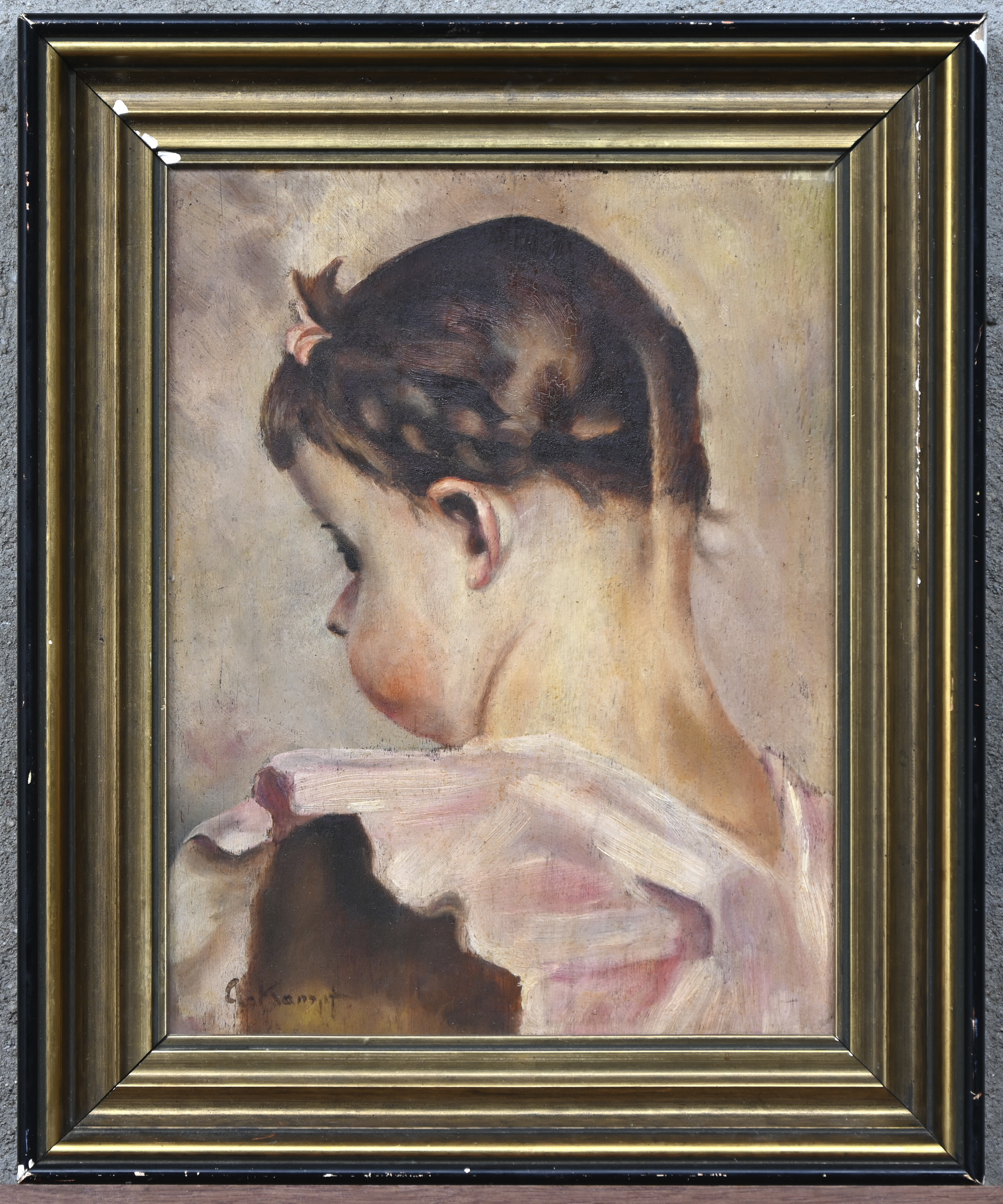 ‘Meisje in een roze jurk’, olieverf op paneel. Getekend A. Kampf ‘Meisje in een roze jurk’, olieverf op paneel. Getekend A. Kampf.