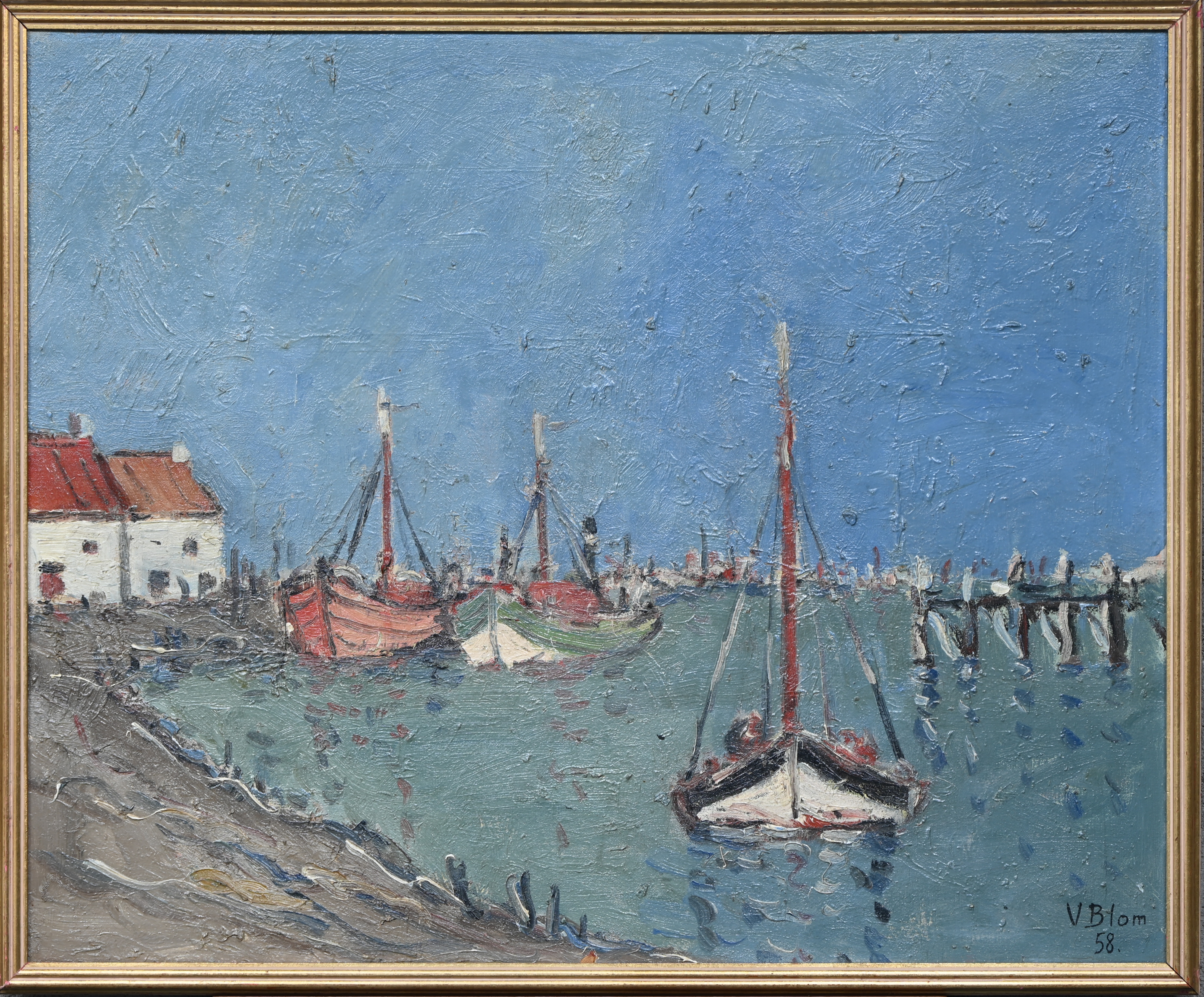 ‘Vissersboten in de haven’, olieverf op paneel. Getekend V. Blom ‘58 ‘Vissersboten in de haven’, olieverf op paneel. Getekend V. Blom ‘58.