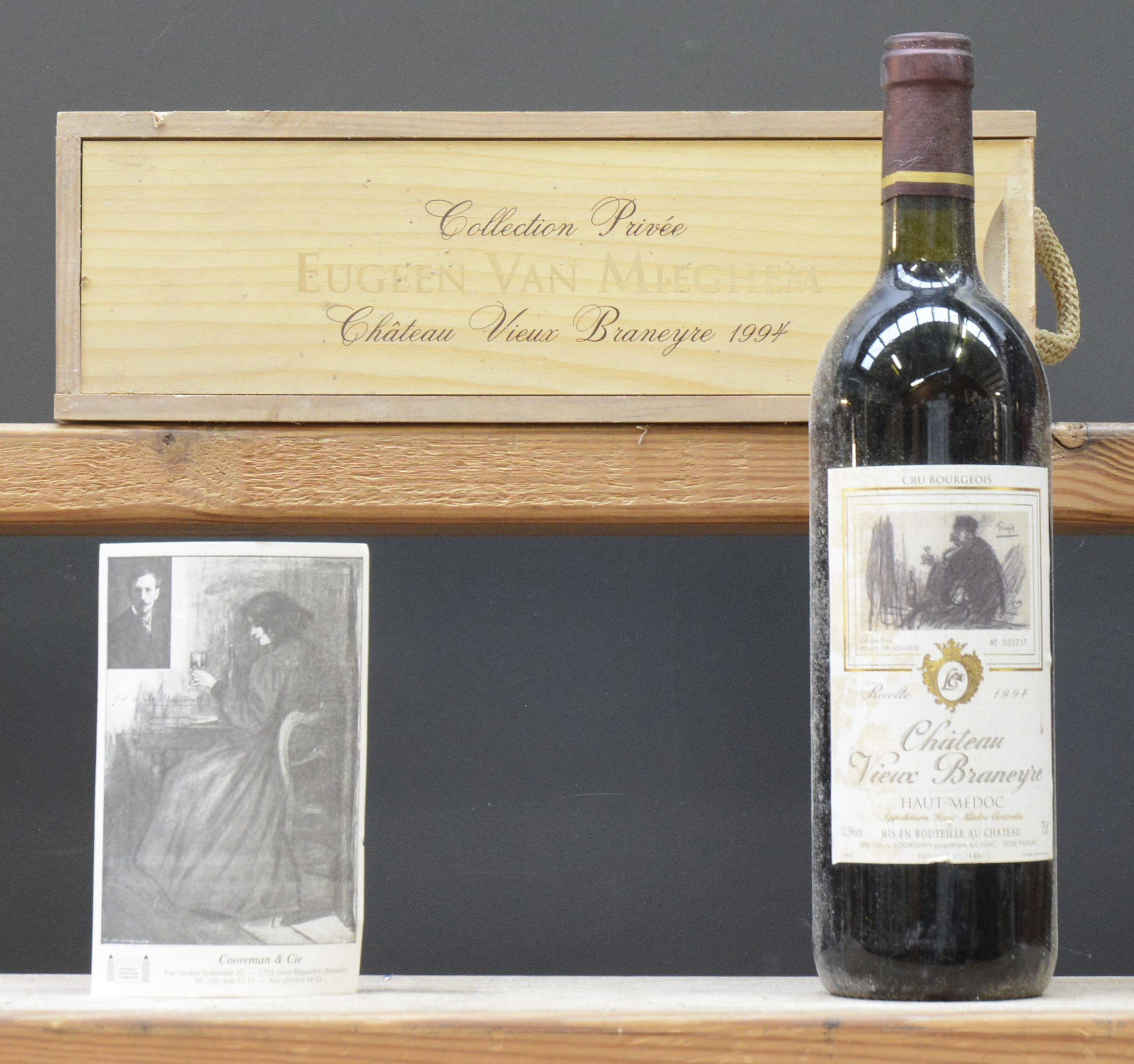 Ch. Vieux Braneyre Cuvée Eugène Van Mieghem A.C. Haut-Médoc Cru bourgeois M.C. O.K Ch. Vieux Braneyre Cuvée Eugène Van Mieghem A.C. Haut-Médoc Cru bourgeois M.C. O.K. 1994 aantal: 1 bt Met ticket voor Van Mieghem museum