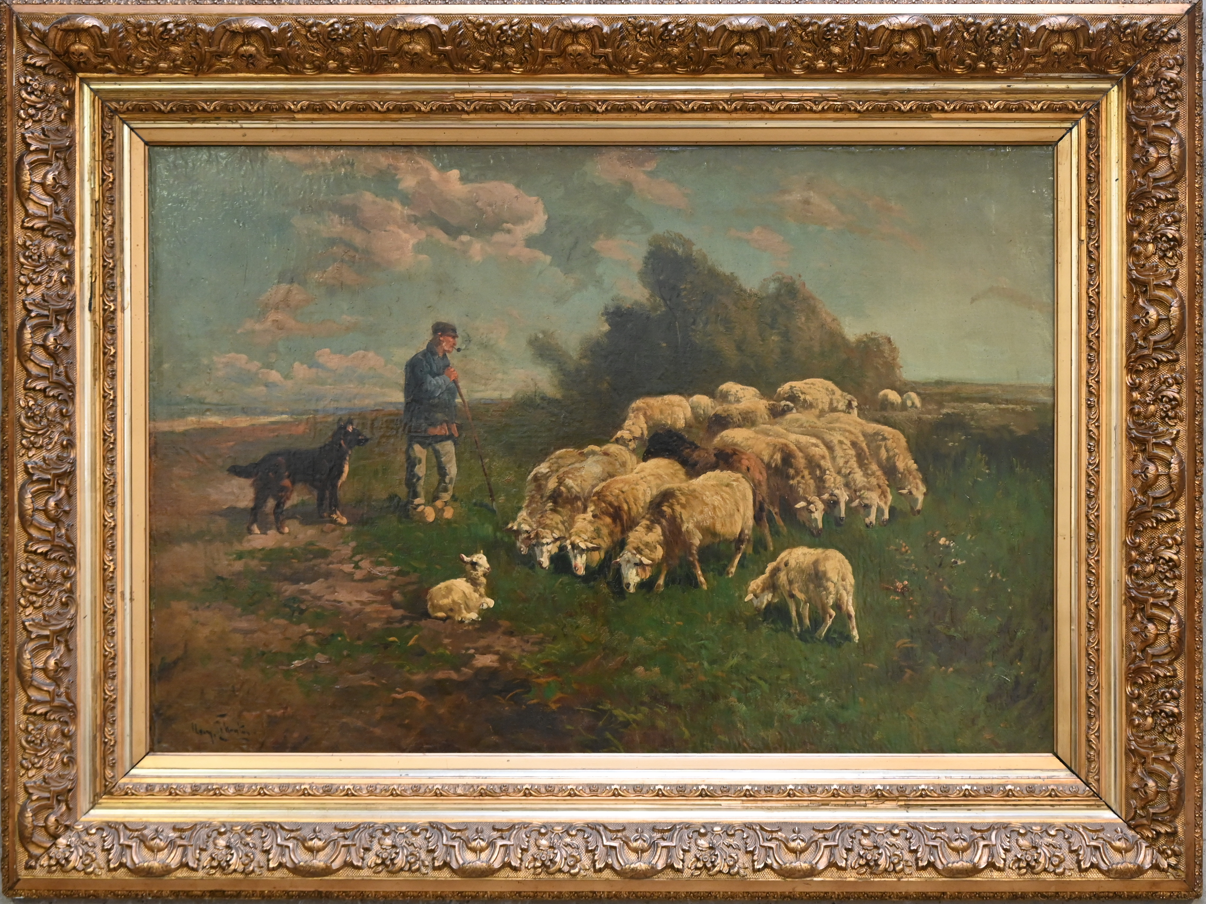 “Schaapsherder met zijn kudde”, een schilderij, olieverf op doek in vergulde kader, gesigneerd links onder “Schaapsherder met zijn kudde”, een schilderij, olieverf op doek in vergulde kader, gesigneerd links onder.
