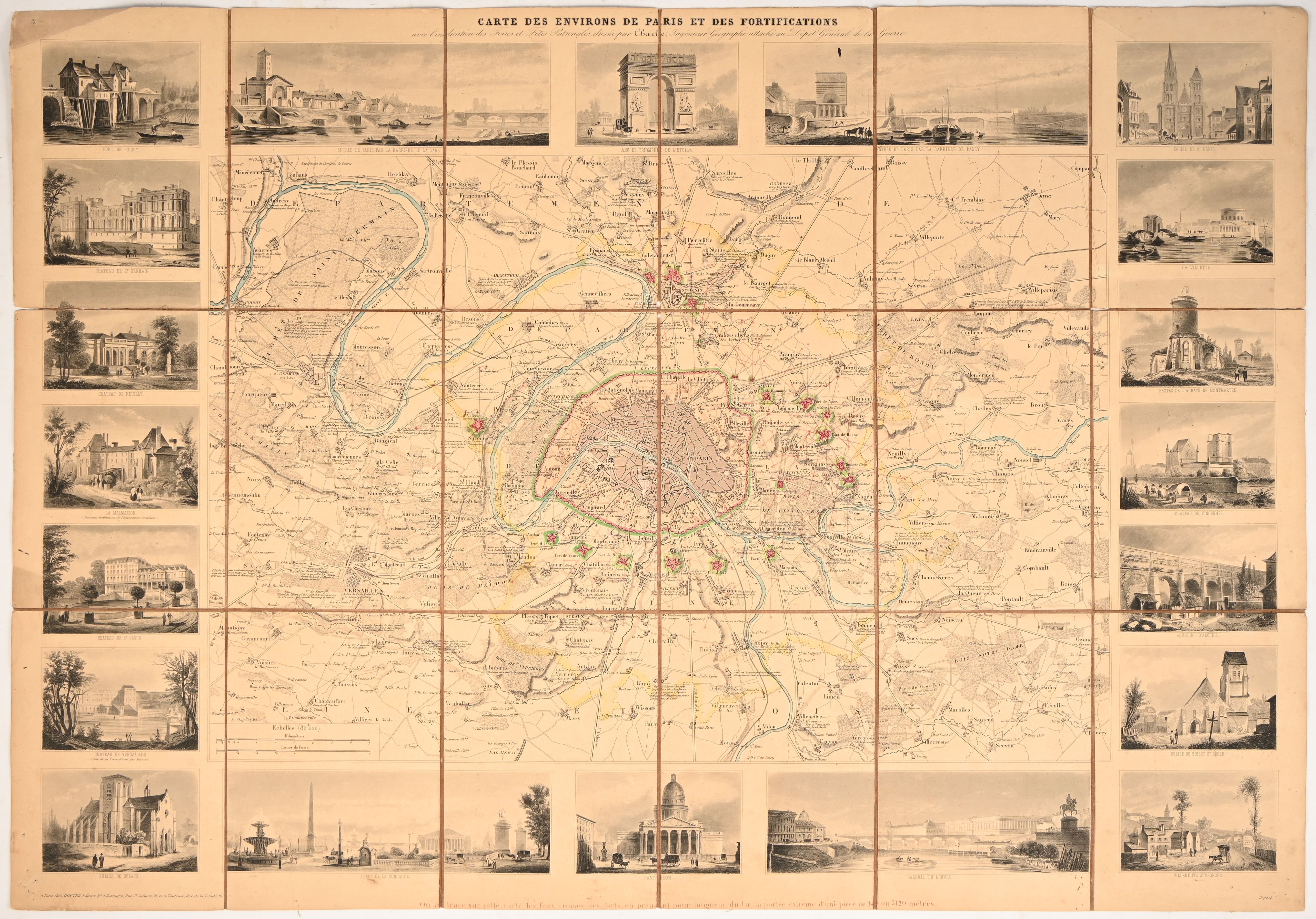 “Carte des environs de Paris et des fortifications avec l'indication des Foires et Fêtes patronales.” Een map met rondom bezienswaardigheden, Charle, Jean Baptiste Louis. 1841. Op doek verlijmd “Carte des environs de Paris et des fortifications avec l'indication des Foires et Fêtes patronales.” Een map met rondom bezienswaardigheden, Charle, Jean Baptiste Louis. 1841. Op doek verlijmd.