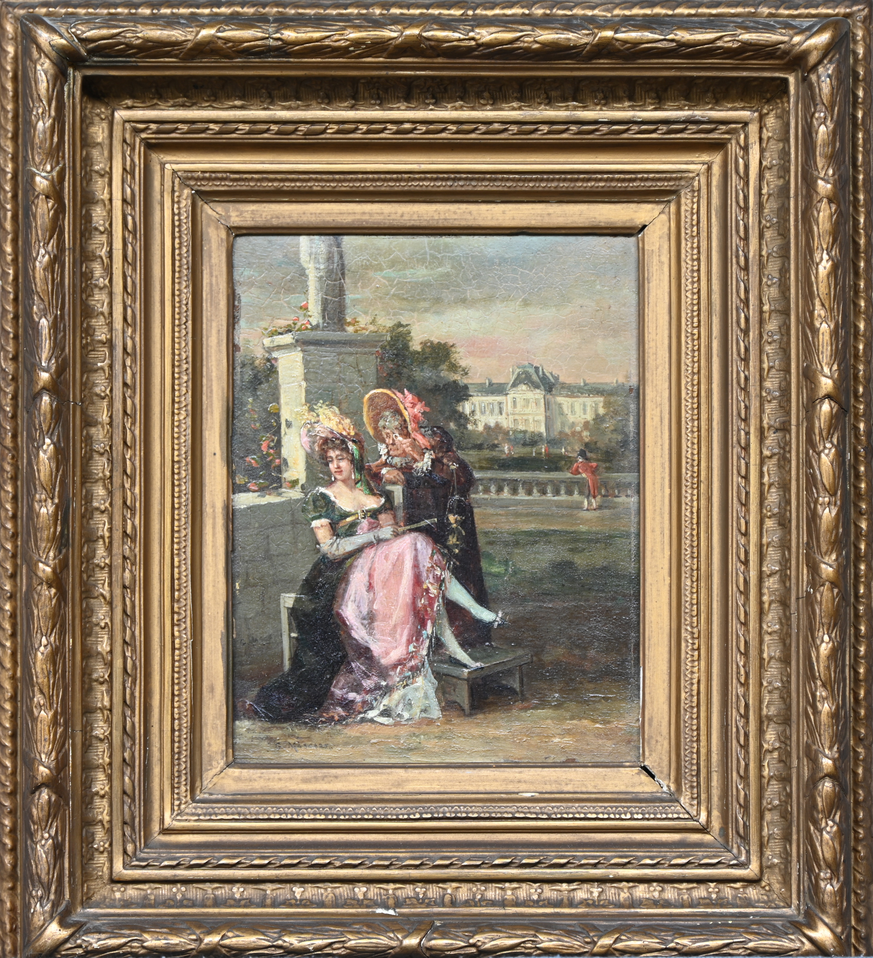 ‘Een jonge vrouw met haar chaperon’, olieverf op paneel. Getekend G. Mascart ‘Een jonge vrouw met haar chaperon’, olieverf op paneel. Getekend G. Mascart.