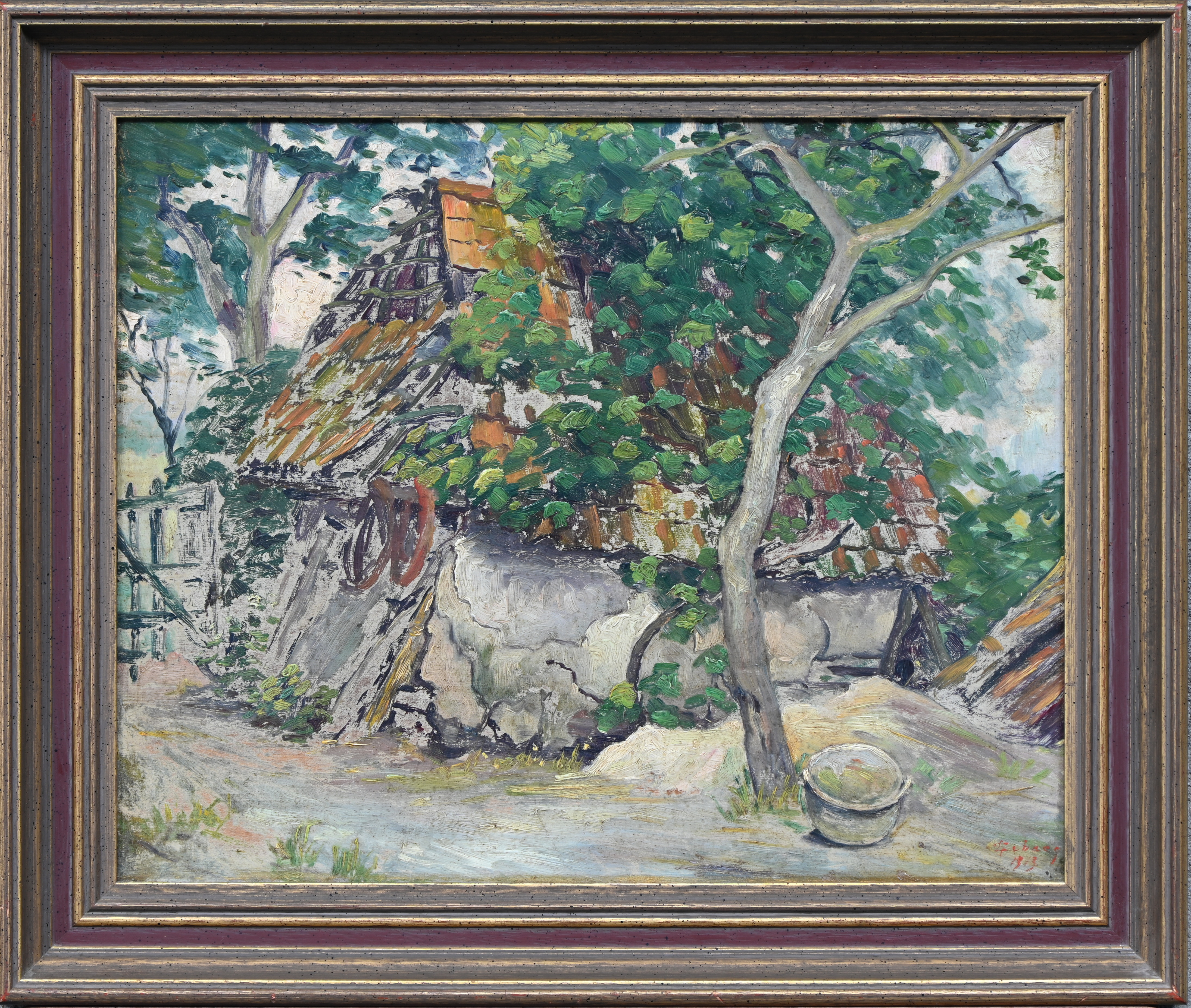 ‘Bouwvallig schuurtje’, een studie in olieverf op paneel. Onleesbaar getekend ‘Bouwvallig schuurtje’, een studie in olieverf op paneel. Onleesbaar getekend.