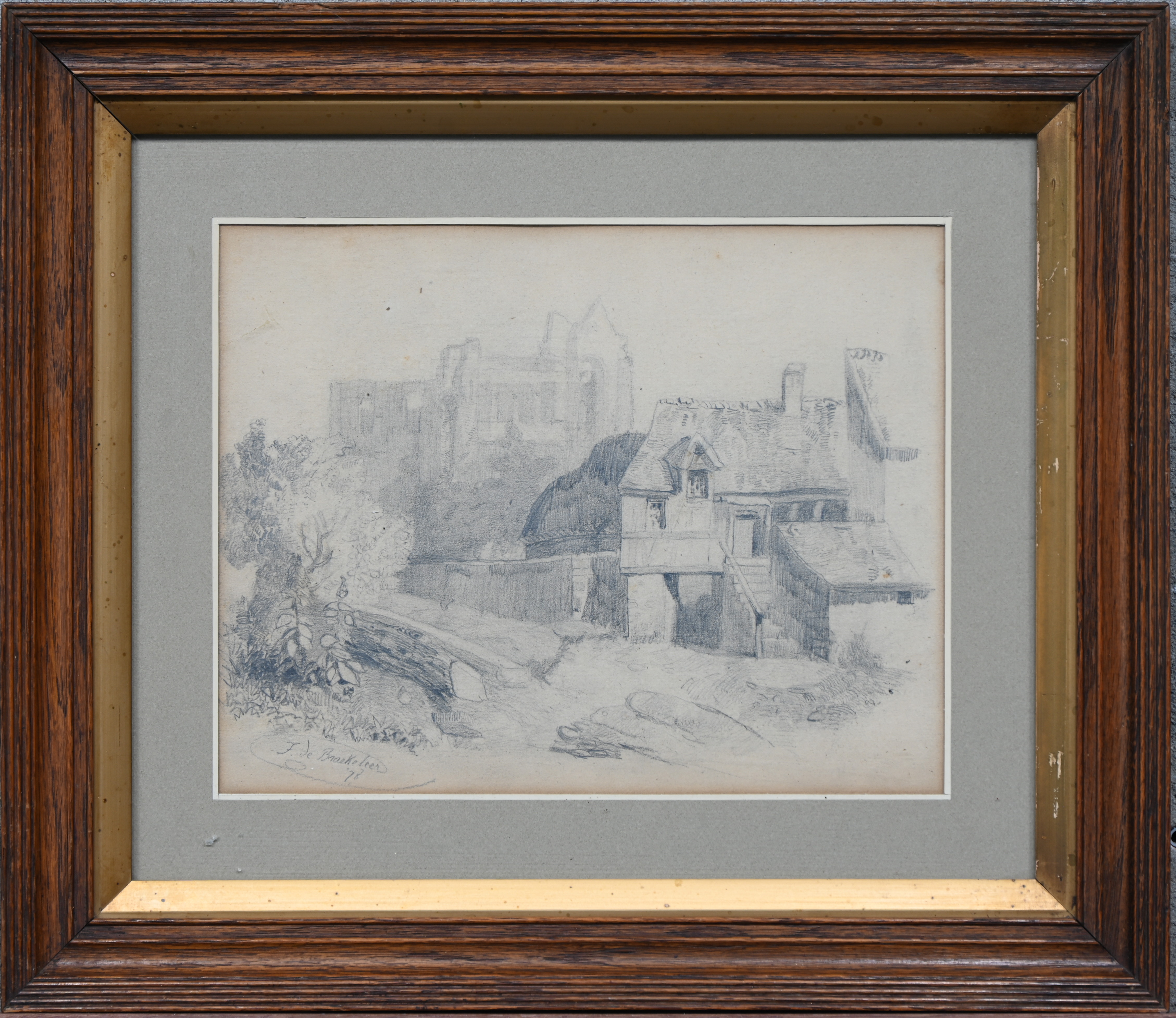 ‘Landschap met ruine’, potloodtekening. Getekend F. De Braekeleer, ‘78 ‘Landschap met ruine’, potloodtekening. Getekend F. De Braekeleer, ‘78.