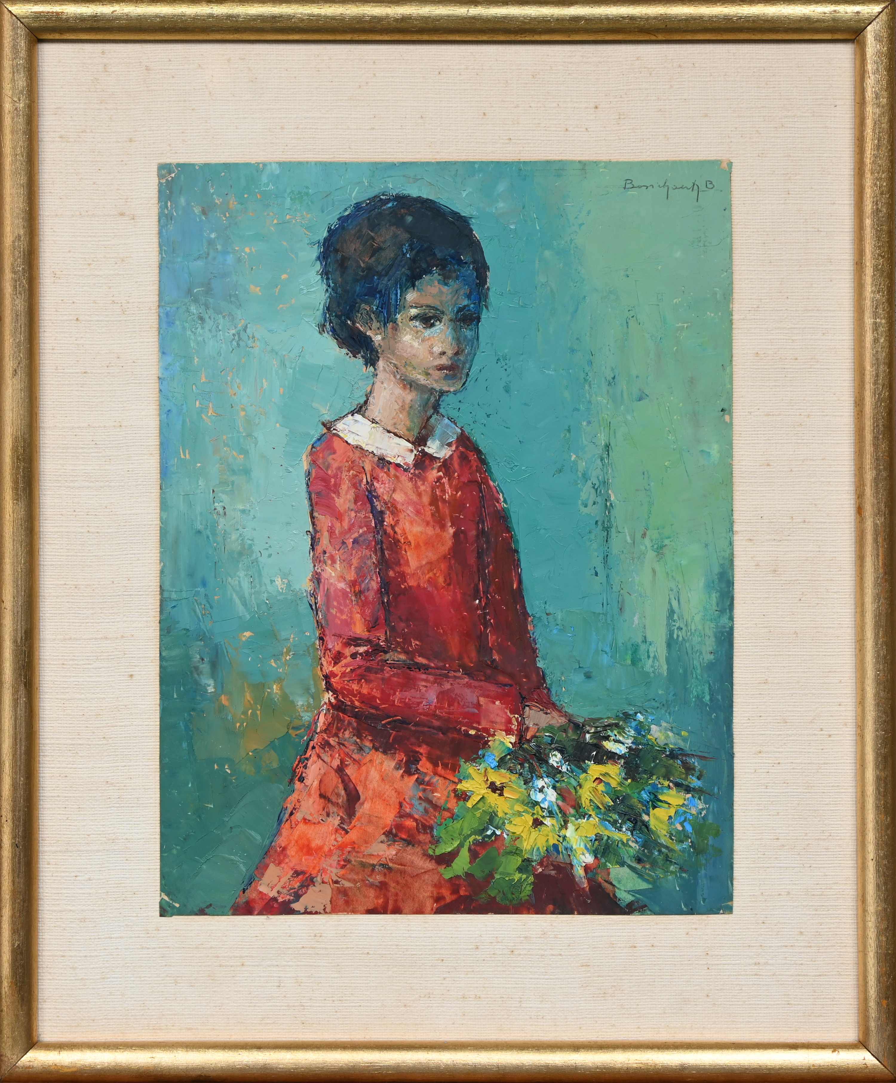 ‘Jonge vrouw met een bos bloemen’, olieverf op papier. Getekend Bosschaert B ‘Jonge vrouw met een bos bloemen’, olieverf op papier. Getekend Bosschaert B.