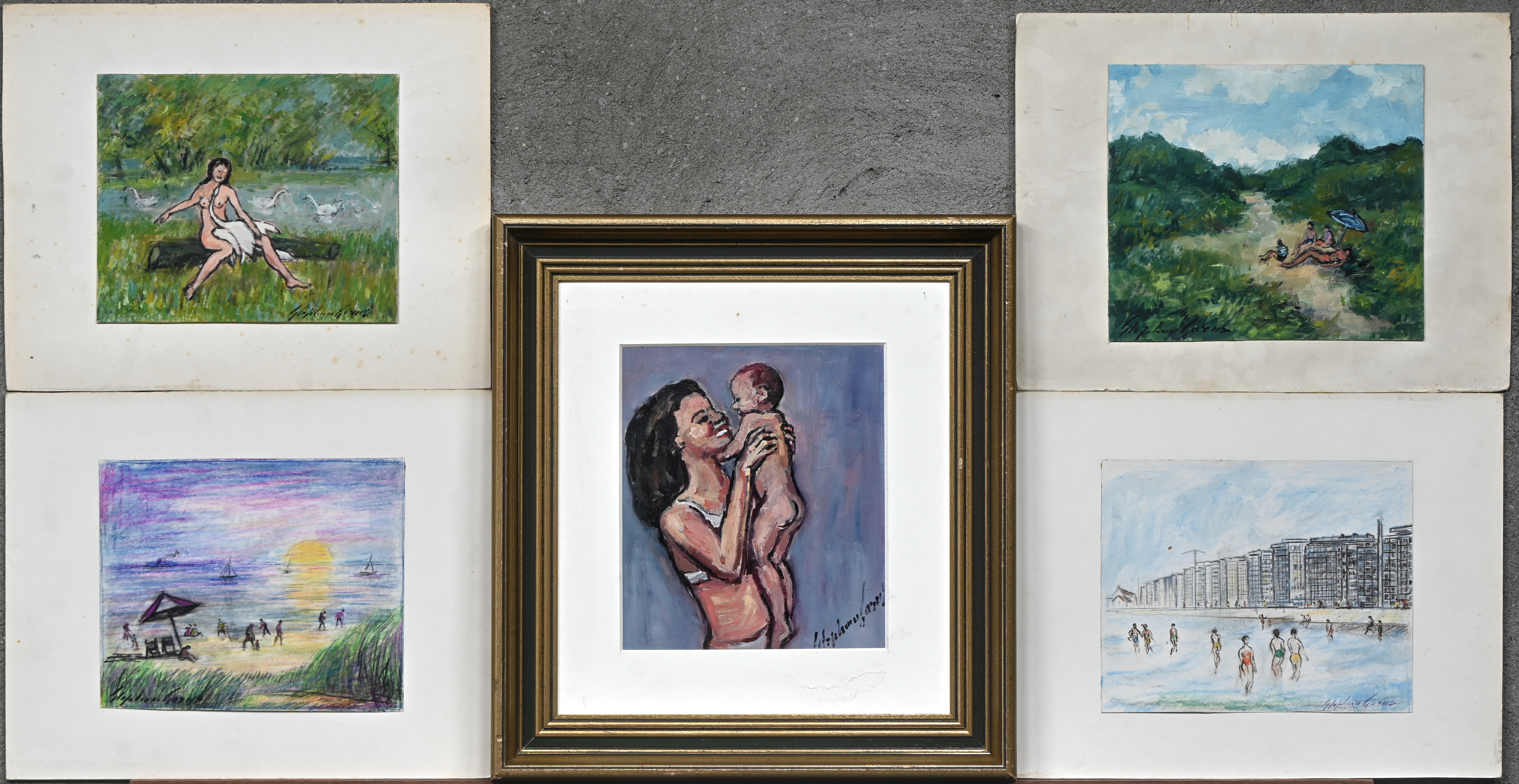 Vijf tekeningen en schilderijen op papier, getekend Stephan Gorus. Vier losse werken en één ingekaderd Vijf tekeningen en schilderijen op papier, getekend Stephan Gorus. Vier losse werken en één ingekaderd.